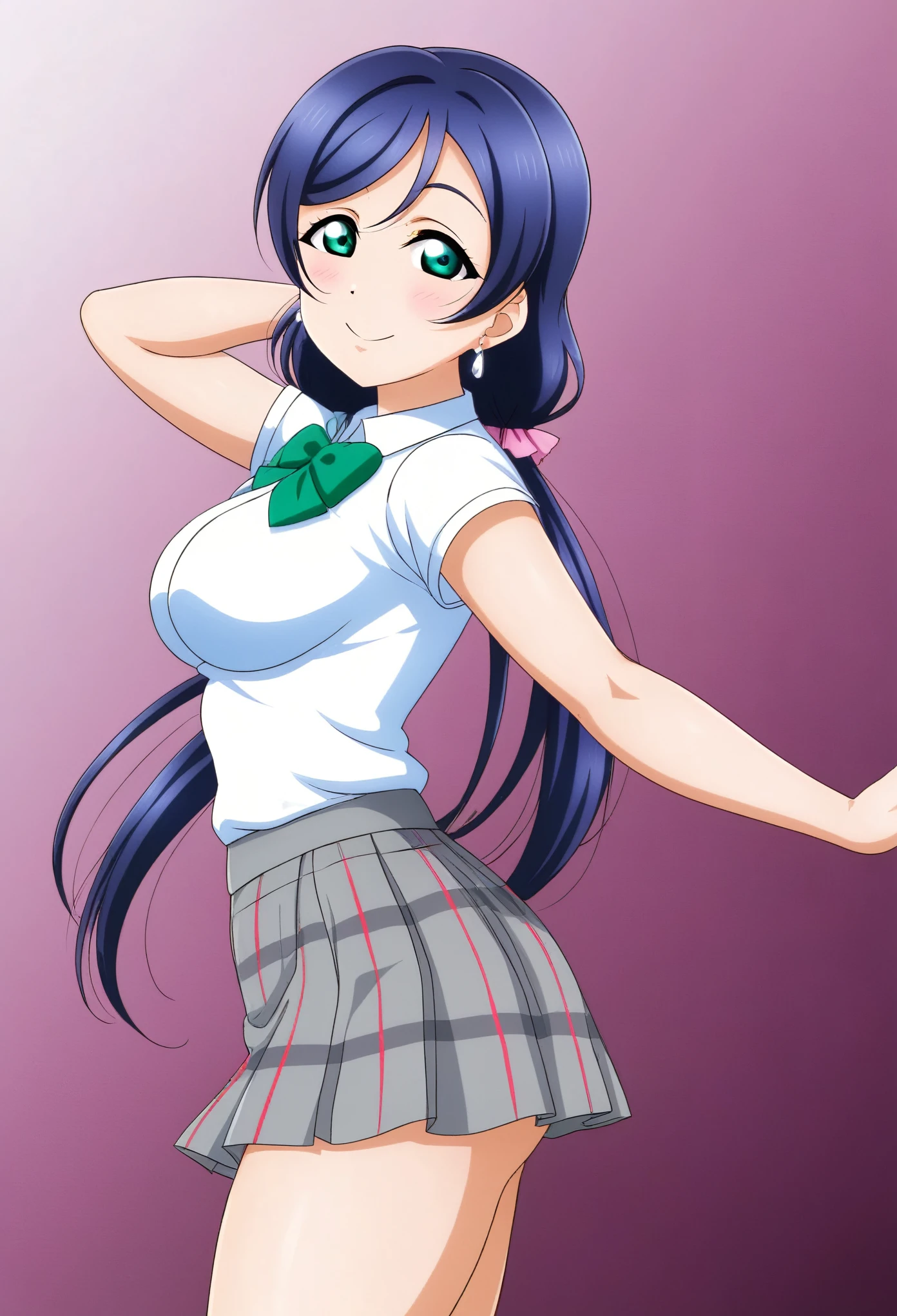 Masterpiece, best quality,Nozomi Tojo, from side,low twintails , green eyes,breasts, shirt , skirt,earrings, in class,  love live style , looking at viewer, love scene ,thicc thighs 