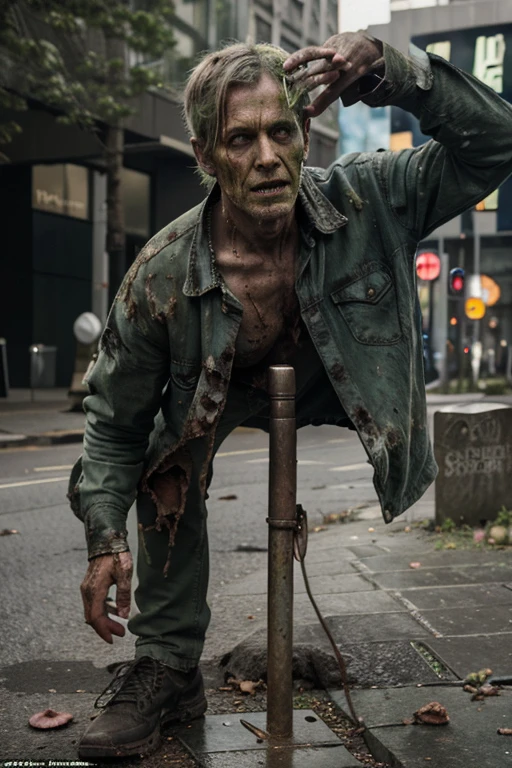 Zombie male middle-aged decay green skin tone dirty full body photo very worn clothes Looking at your palms in front of the Apple store The moment lightning strikes a gravestone 