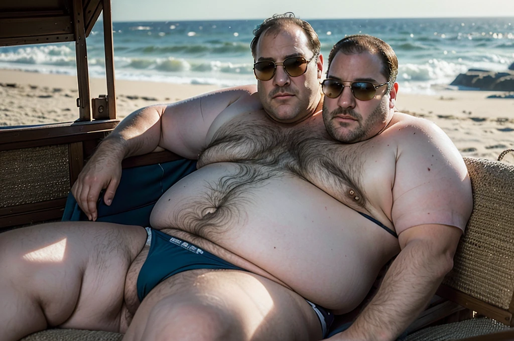 (((2heads))), solo, ((((james gandolfini)))), sunglasses, middle aged, male, (((obese, overweight, fat, chubby, heavy, dadbod))), ((speedo, bulge)), epic realistic, hdr, intricate, highly detailed, (depth of field:1.4), faded, (neutral colors:1.2), (hdr:1.4), (muted colors:1.2), hyperdetailed, (artstation:1.4), cinematic, (intricate details:1.1), beach scenery, (rutkowski:0.66), (intricate details) (skin texture:1.2), detailed expressions, natural pose, sitting in beach chair, upper body portrait