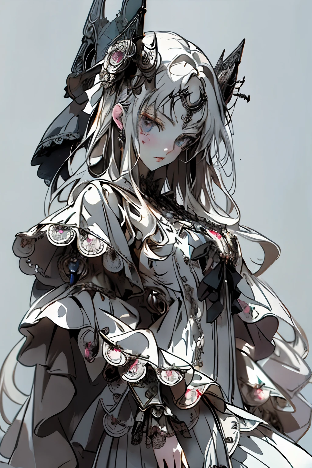 ((best quality)), ((masterpiece)), (detailed), perfect face ((best quality)), ((masterpiece)), (detailed), blank white background, plain background, white background, Bloodborne inspired,  occult aesthetic, occult, detailed and intricate steampunk and detailed gothic, (zentangle, mandala, tangle, entangle),  NSFW, torn clothing, Very dramatic and cinematic lighting, cosmic horror, grim-dark, side-lighting, perfect face, a beautiful goddess adorned and enshrined in armour, Bloodborne inspired , occult aesthetic , occult , detailed and intricate steampunk and detailed gothic , wielding a sword and holding a shield, NSFW, Fluttering lace flared short dress with frilly petticoats, knee length dress, pleated petticoats, lolita dress, petticoats gothic lolita, side-lighting, gothic lolita aesthetic, beautiful small breasts, small breasts, full body, whole body, body, plain background, white background, blank background, no background, white background NSFW, full body, whole body, head-to-toe