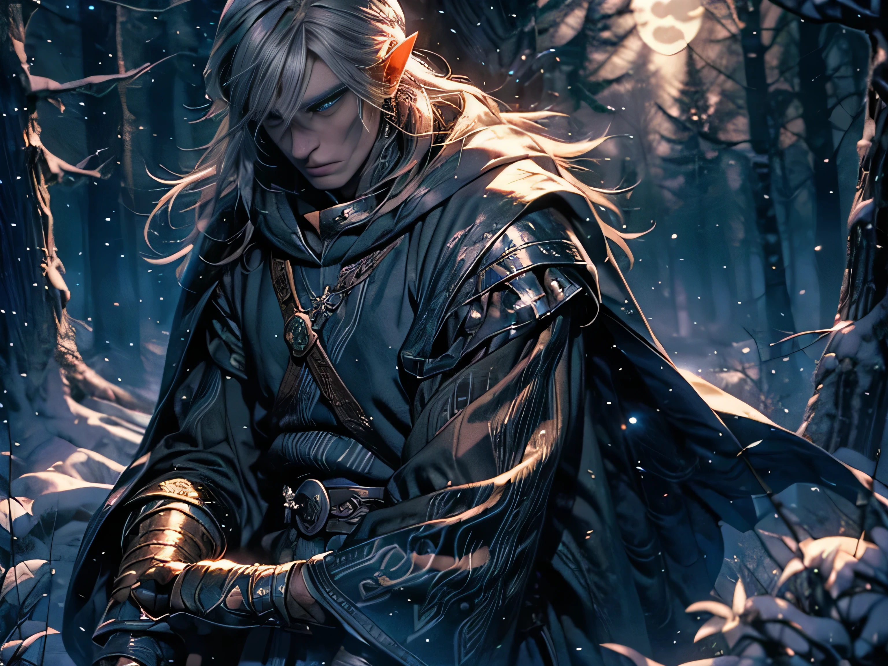 Эльф Man, wearing mage robes, silver hair, dragon scales on face, ghost, walk in the moonlight, night sky, full moon, realistic, Full HD, Best quality, Man, silver hair, Blue eyes