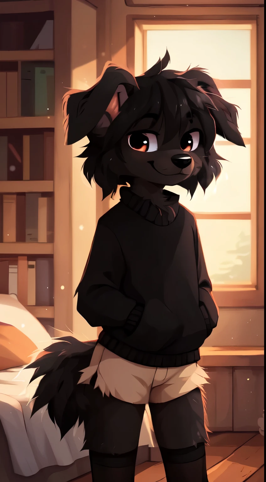 ((by reysi)), Best quality, Super detailed illustration, Warm colors, Ideal lighting, (Fluffy dog boy:1.6), (black fur:1.5), disheveled thick hair, short shorts, long black stockings, black long sleeve sweater, in a cosy room, smug smile, tricky glance , femboy, Slim, perfect body,