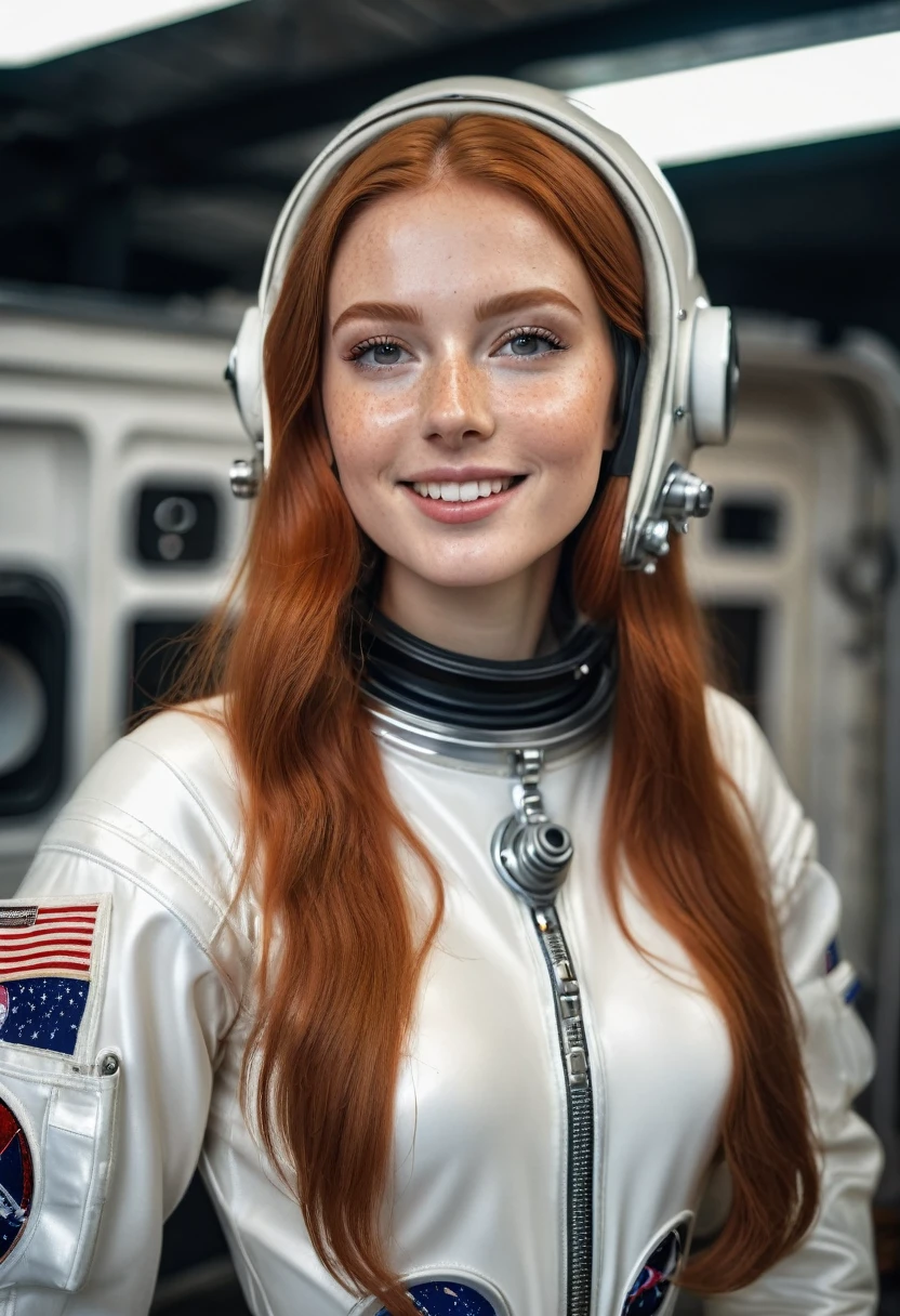 hyperrealistic beautiful busty 20-year-old woman with long legs wearing classic 1960s astronaut spacesuit outfit, model shooting full body photography, natural redhead long straight hair, freckles, soaky wet skin, dark eye makeup with eyeliner, seductive smile, small necklace, 8K, Best quality, Meisterwerk, ultra high resolution, (Realismus: 1.4), Originalfoto, (realistische Hautstruktur: 1.3), (Filmkorn: 1.3), (Selfie-Winkel), 1 girl, Beautiful round hazel eyes and facial details, Meisterwerk, Best quality, indoor photography
