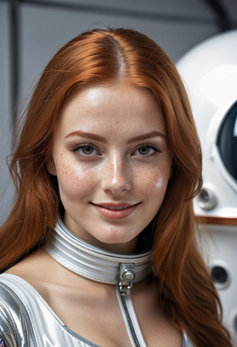 hyperrealistic beautiful busty 20-year-old woman with long legs wearing classic 1960s astronaut spacesuit outfit, model shooting full body photography, natural redhead long straight hair, freckles, soaky wet skin, dark eye makeup with eyeliner, seductive smile, small necklace, 8K, Best quality, Meisterwerk, ultra high resolution, (Realismus: 1.4), Originalfoto, (realistische Hautstruktur: 1.3), (Filmkorn: 1.3), (Selfie-Winkel), 1 girl, Beautiful round hazel eyes and facial details, Meisterwerk, Best quality, indoor photography
