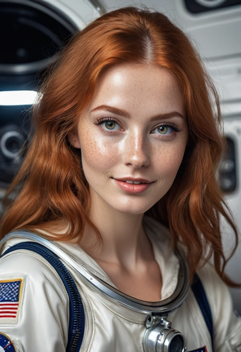 hyperrealistic beautiful busty 20-year-old woman with long legs wearing classic 1960s astronaut spacesuit outfit, model shooting full body photography, natural redhead long straight hair, freckles, soaky wet skin, dark eye makeup with eyeliner, seductive smile, small necklace, 8K, Best quality, Meisterwerk, ultra high resolution, (Realismus: 1.4), Originalfoto, (realistische Hautstruktur: 1.3), (Filmkorn: 1.3), (Selfie-Winkel), 1 girl, Beautiful round hazel eyes and facial details, Meisterwerk, Best quality, indoor photography
