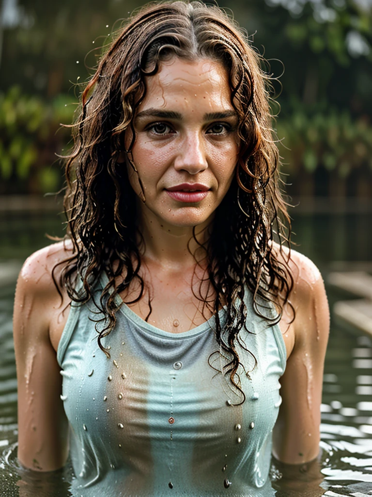 Pretty woman with wet curly hair realistic, photorealistic, wet clothes, wet skin