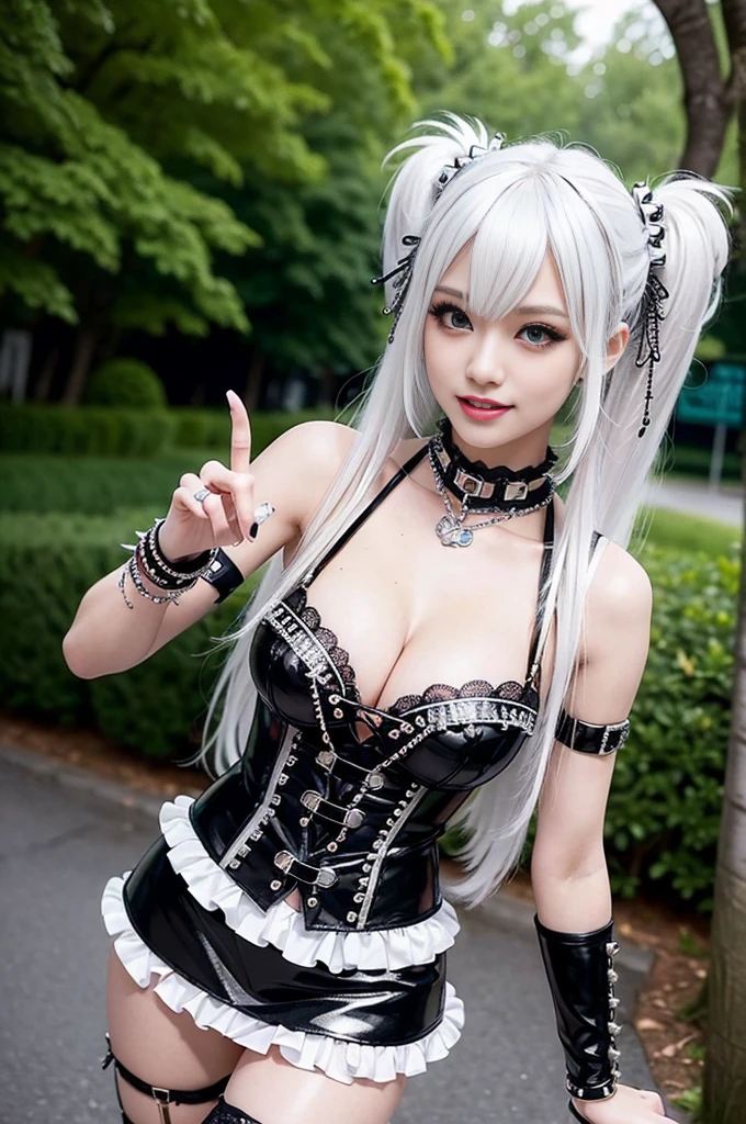 sexy stylish Thai model, only 1 female, ((doll-like appearance)), long dramatic platinum blonde stylish hair, ((shiny Punk-Style boots)), (big smile), ultra detailed eyes, Punk makeup, lipgloss, ((sexy Punk ta cosplay)), unconventional skirt, petticoats, high neckline, ((ultra detailed lace)), ((ultra detailed embroidery)), intricate details, tartan patterns, silver chains, silver spikes, safety pins, Punk Loliccessoires, Punk Lolita cr, ((large sparkling Punk Lolita jewel, cinematic light, detailed large park background with trees