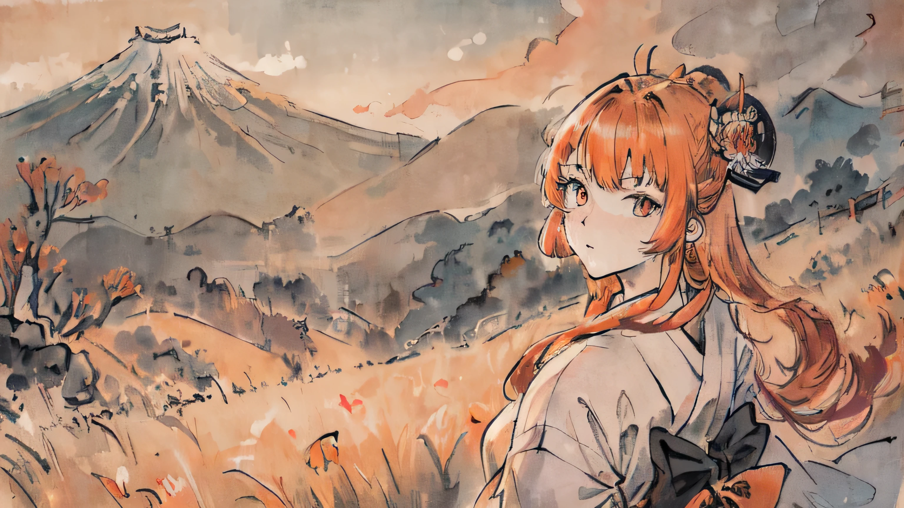 (((masterpiece,highest quality))),1 Female, Alone with orange hair,Long Hair,(Japanese style:1.4),princess,(vitality),night, Super detailed eyes,Super detailed field,((Close-up)),Beautiful scenery