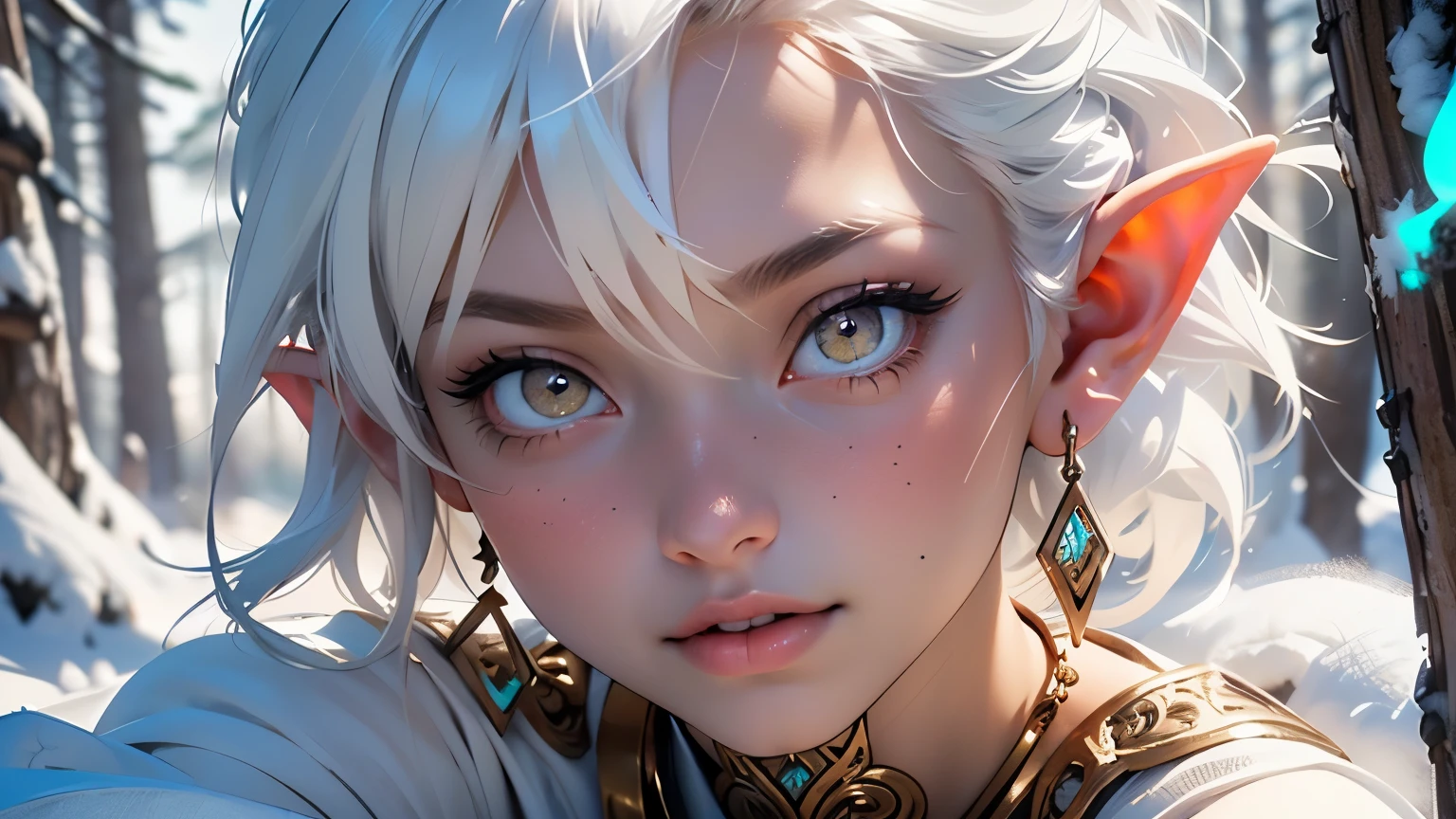 Cute  elf,(((Small ,tiny ,Small))),(((6 years))),((anime elf  with extremely Cute and beautiful white hair)), (((elf))), (((elf ears))),

(((flat chest))),((((white hair:1.35,white large hair slicked to the side, extremely detailed,dyed inner hair,breathing through the ears)))),(((white _eyes:1.3))),difficult eyes,beautiful detailed eyes,symmetrical eyes,big eyes:1.5,(((shiny skin:1.5,Bright skin: 1.5,tanned skin,shiny skin,very shiny skin,shiny body,пластиковая shiny skin,exaggerated shiny skin,illuminated skin))),(detailed body,(detailed face)),

Cute,promiscuous,Erotic,brave,((NFV)),

(glowing amulet:1.5),(striped clothes:1.5,Stripes),Zettai Ryoiki,revealing clothes,show skin,(wear rustic style [robes|armor] with gold embroidery), Purple tattoos on the face, tied hair, bare chest, open shoulders, exposed navel, Bare thighs, diamond necklace,(half naked,with Small clothing),(((white clothes,white outfit,difficult outfit,difficult clothes,Embroidered outfit,ornate outfit,Embroidered garments,ornate clothing))),

(dynamic pose:1.0),embarrassed,(centered,scale to size,rule of thirds),

((snowy pine forest)),winter,Landscape:1.25,((difficult Landscape)),((snowy forest background)),

(Glossy winter ornaments),a high resolution,sharp focus,(ultra detailed,extremely detailed),(photorealistic work:1.37),(extremely detailed CG unity 8k wallpaper),(((bright colors,bright theme))),(difficult),(masterpiece),(Best quality),art photography,(photo taken by sldr),(difficult background),perfectly drawn face,perfect facial details,realistic face,photo realistic,((difficult detail)),(((realism))),
