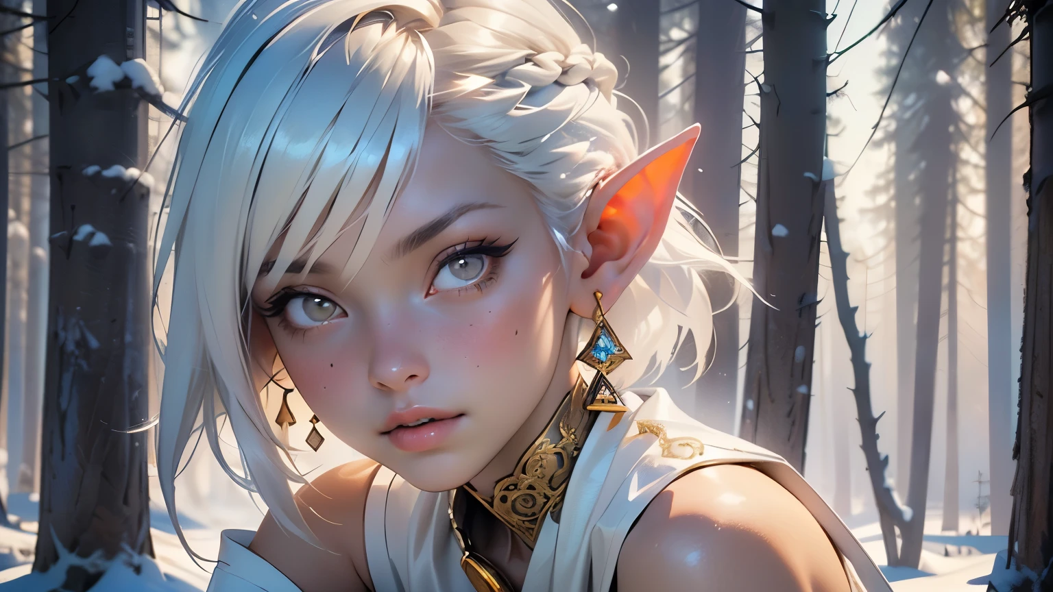Cute  elf,(((Small ,tiny ,Small))),(((6 years))),((anime elf  with extremely Cute and beautiful white hair)), (((elf))), (((elf ears))),

(((flat chest))),((((white hair:1.35,white large hair slicked to the side, extremely detailed,dyed inner hair,breathing through the ears)))),(((white _eyes:1.3))),difficult eyes,beautiful detailed eyes,symmetrical eyes,big eyes:1.5,(((shiny skin:1.5,Bright skin: 1.5,tanned skin,shiny skin,very shiny skin,shiny body,пластиковая shiny skin,exaggerated shiny skin,illuminated skin))),(detailed body,(detailed face)),

Cute,promiscuous,Erotic,brave,((NFV)),

(glowing amulet:1.5),(striped clothes:1.5,Stripes),Zettai Ryoiki,revealing clothes,show skin,(wear rustic style [robes|armor] with gold embroidery), Purple tattoos on the face, tied hair, bare chest, open shoulders, exposed navel, Bare thighs, diamond necklace,(half naked,with Small clothing),(((white clothes,white outfit,difficult outfit,difficult clothes,Embroidered outfit,ornate outfit,Embroidered garments,ornate clothing))),

(dynamic pose:1.0),embarrassed,(centered,scale to size,rule of thirds),

((snowy pine forest)),winter,Landscape:1.25,((difficult Landscape)),((snowy forest background)),

(Glossy winter ornaments),a high resolution,sharp focus,(ultra detailed,extremely detailed),(photorealistic work:1.37),(extremely detailed CG unity 8k wallpaper),(((bright colors,bright theme))),(difficult),(masterpiece),(Best quality),art photography,(photo taken by sldr),(difficult background),perfectly drawn face,perfect facial details,realistic face,photo realistic,((difficult detail)),(((realism))),
