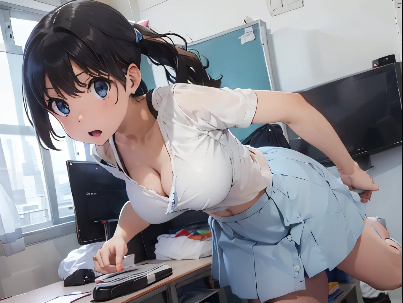 On a desk in the classroom、Rub your own breasts、A cute light blue bra、A cute white thong showing through a cute light blue mini skirt、barefoot、Raw milk、Beautiful breasts