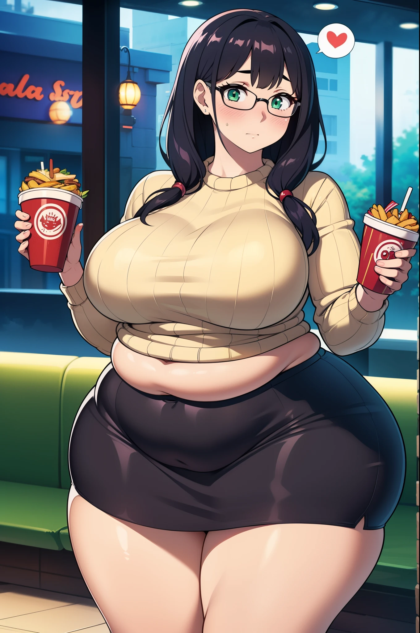 ((Masterpiece)), perfect anatomy, perfect shading, field of depth, (best quality), extremely delicate and beautiful, perfect lighting, detailed face, ultra cute face, cute, ((1girl)), ((solo))
long fluffy black hair, glasses, green eyes, ((blush)), nervous, spoken heart, looking at viewer, sweater, short skirt, large breasts, ((thick thighs)), (wide hips), ((plump)),
intricate background, detailed background, fast food restaurant,