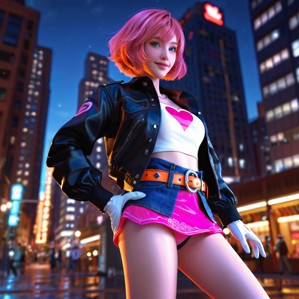 1girl,cowboy shot, beautiful nora_valkyrie, looking at viewer, smile, short hair, blue eyes,heart cutout, gloves, jacket, pink skirt, pink belt, short sleeves, puffy sleeves, single armband, fingerless gloves, orange hair, pink gloves, dynamic pose, night, outdoors, city, (volumetric lighting), best quality, masterpiece, intricate details, tonemapping, sharp focus, hyper detailed, trending on Artstation, black panties