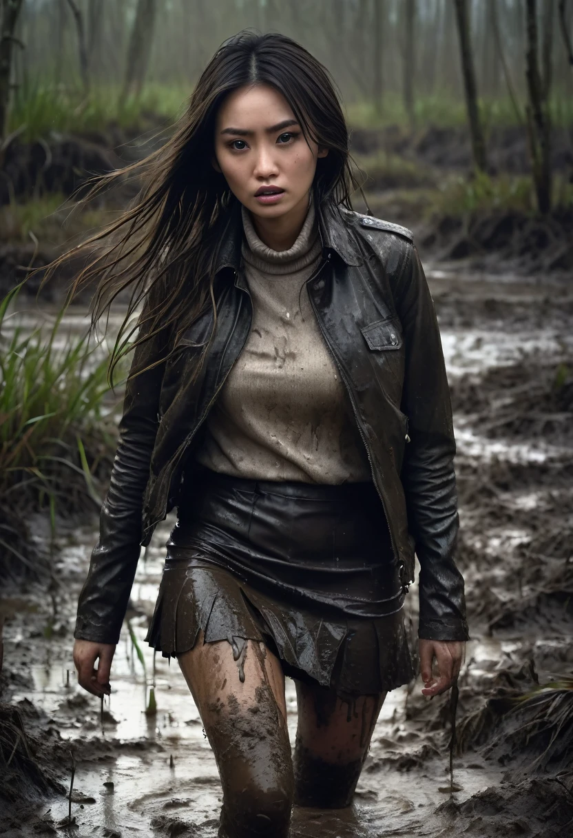 a girl struggling in a muddy swamp, depraved expression, long messy brunette hair, asian, stockings, muddy pencil skirt, muddy leather jacket, muddy turtleneck sweater, (best quality,4k,8k,highres,masterpiece:1.2),ultra-detailed,(realistic,photorealistic,photo-realistic:1.37),dark moody lighting,dramatic shadows,gritty horror style