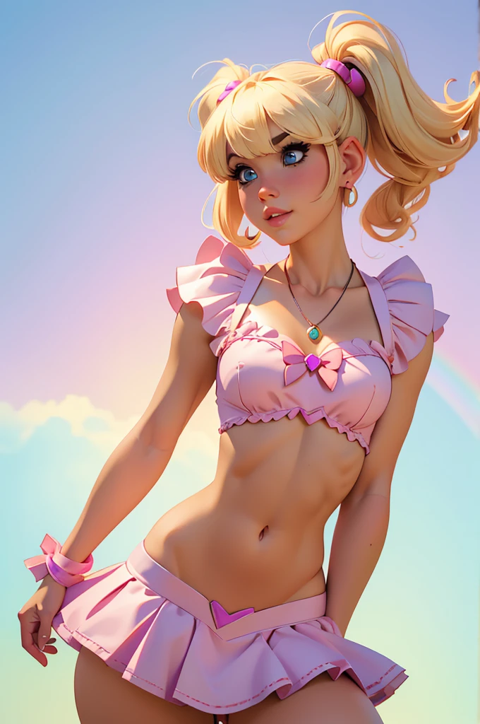 (best quality,4k,highres,ultra-detailed,realistic:1.2), woman, small breasts,short blond  hair with a pigtail and bangs,  flat abs, raimbow magical girl outfit, magical girl cosplay, manga cosplay, earrings , necklace out, fantasy manga