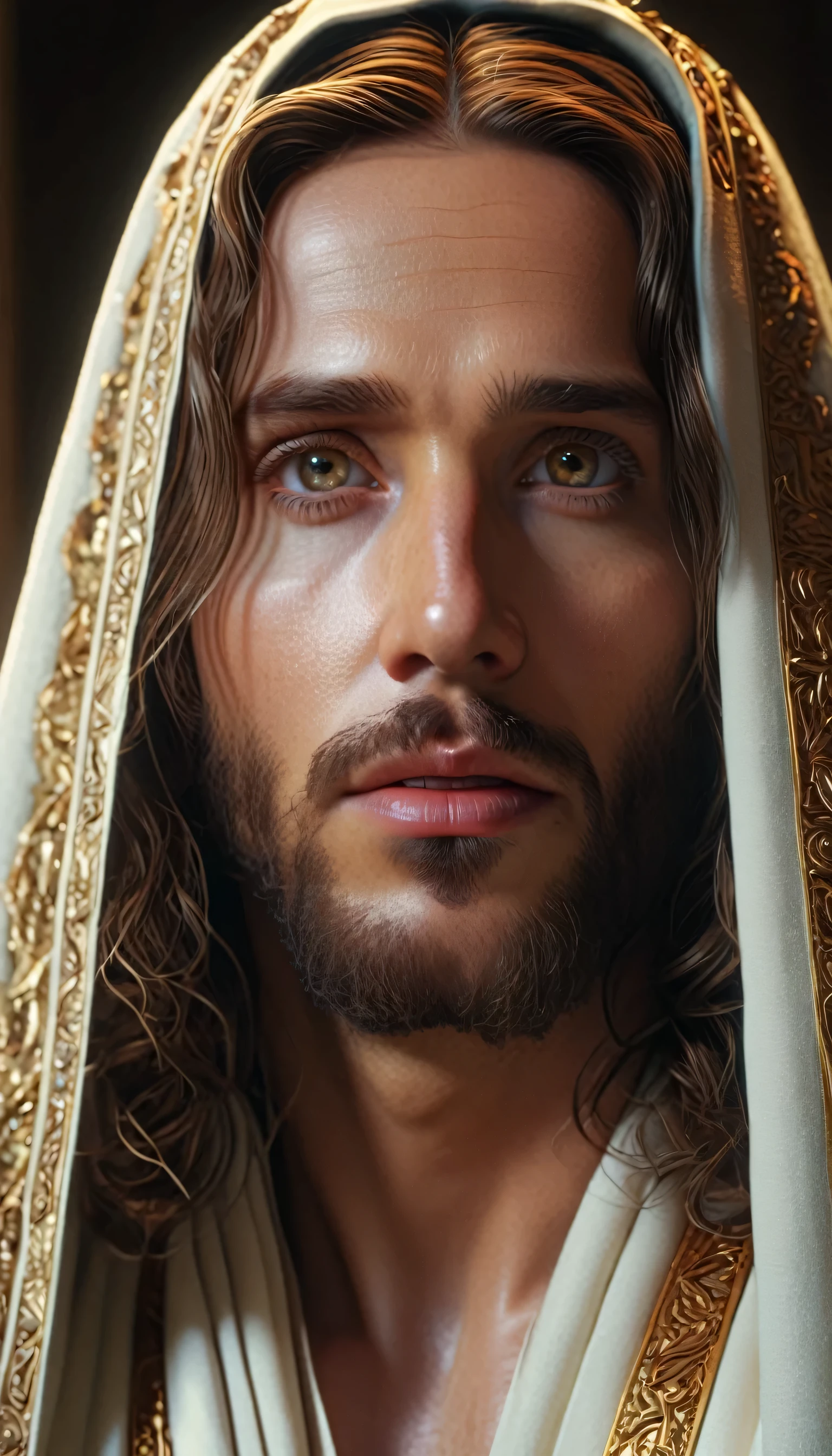 a detailed portrait of jesus christ, realistic extremely detailed face, beautiful detailed eyes, beautiful detailed lips, long eyelashes, divine expression, ethereal lighting, glowing aura, ornate robes, intricate details, cinematic lighting, photorealistic, 8k, best quality, masterpiece, high resolution