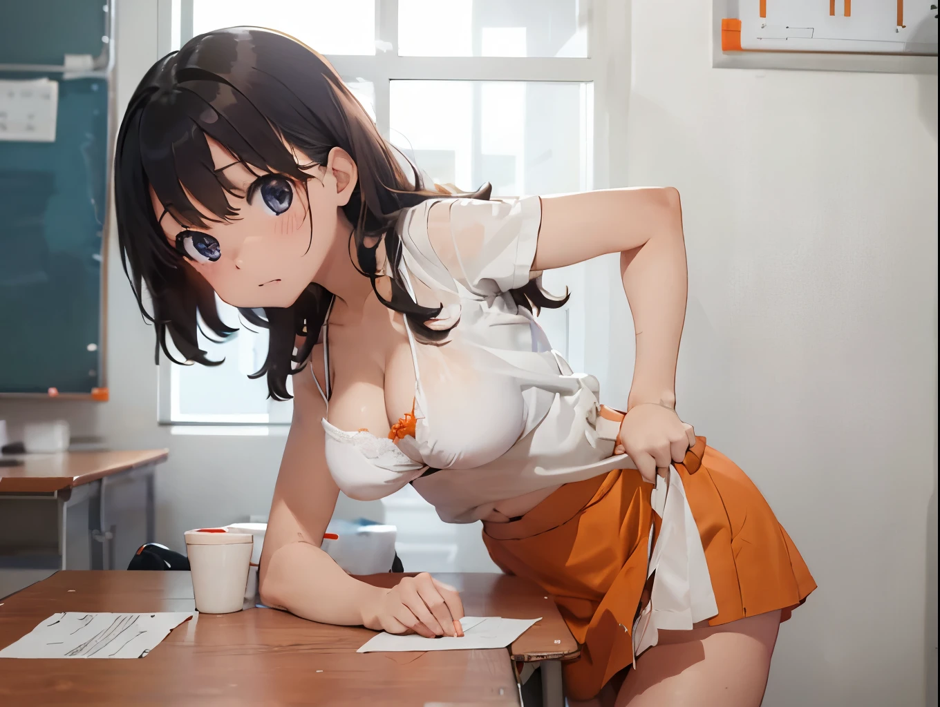 On a desk in the classroom、Rub your own breasts、A cute light orange bra、A cute white thong showing through a cute light orange mini skirt、barefoot、Raw milk、Beautiful breasts