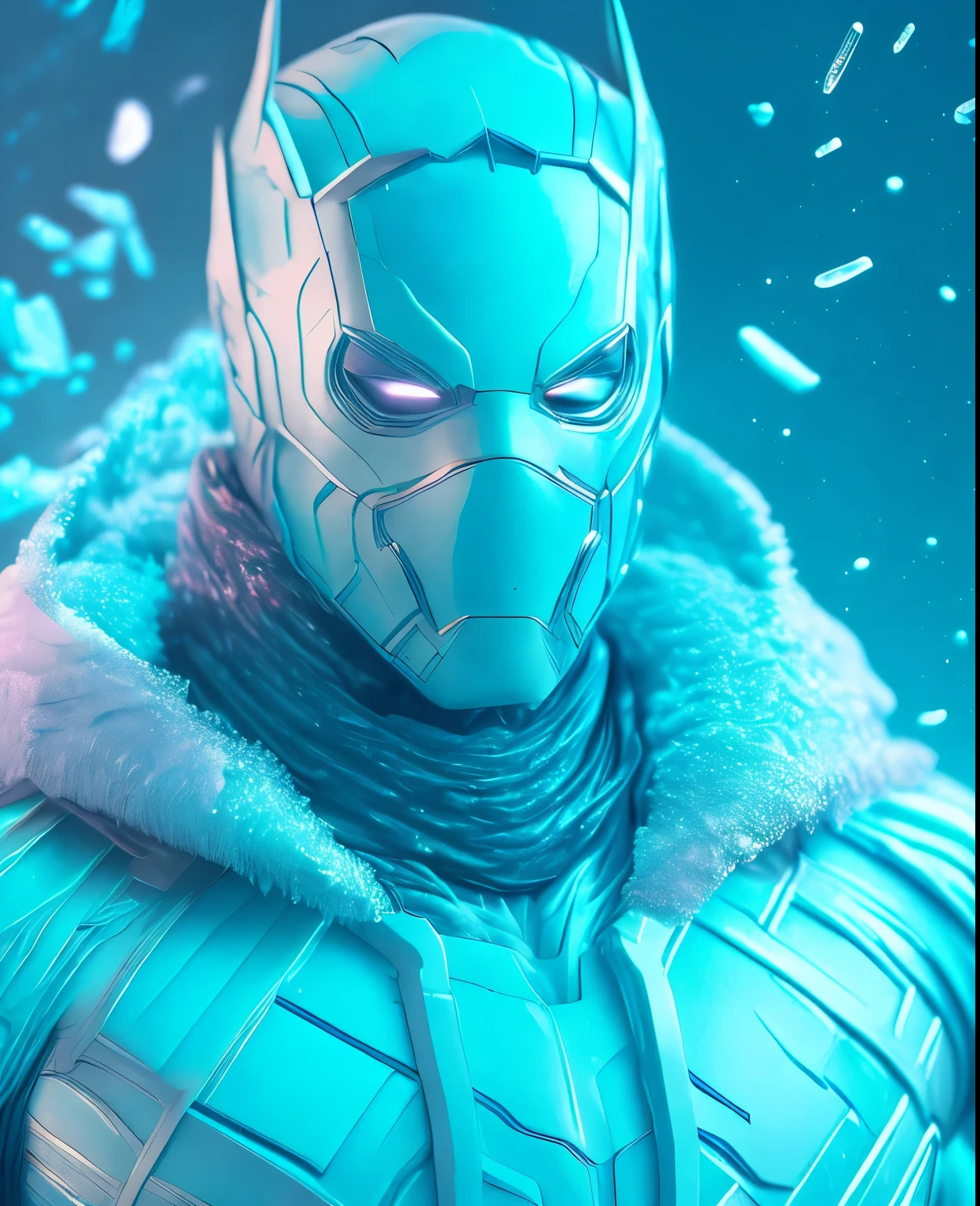 (extremely detailed 8k wallpaper), Close-up ( maskedice-man From Marvel dressed in ice style: 1.3) emerging from cyan frozen ice, colourful winter colours, extremely detailed, volumetric lighting