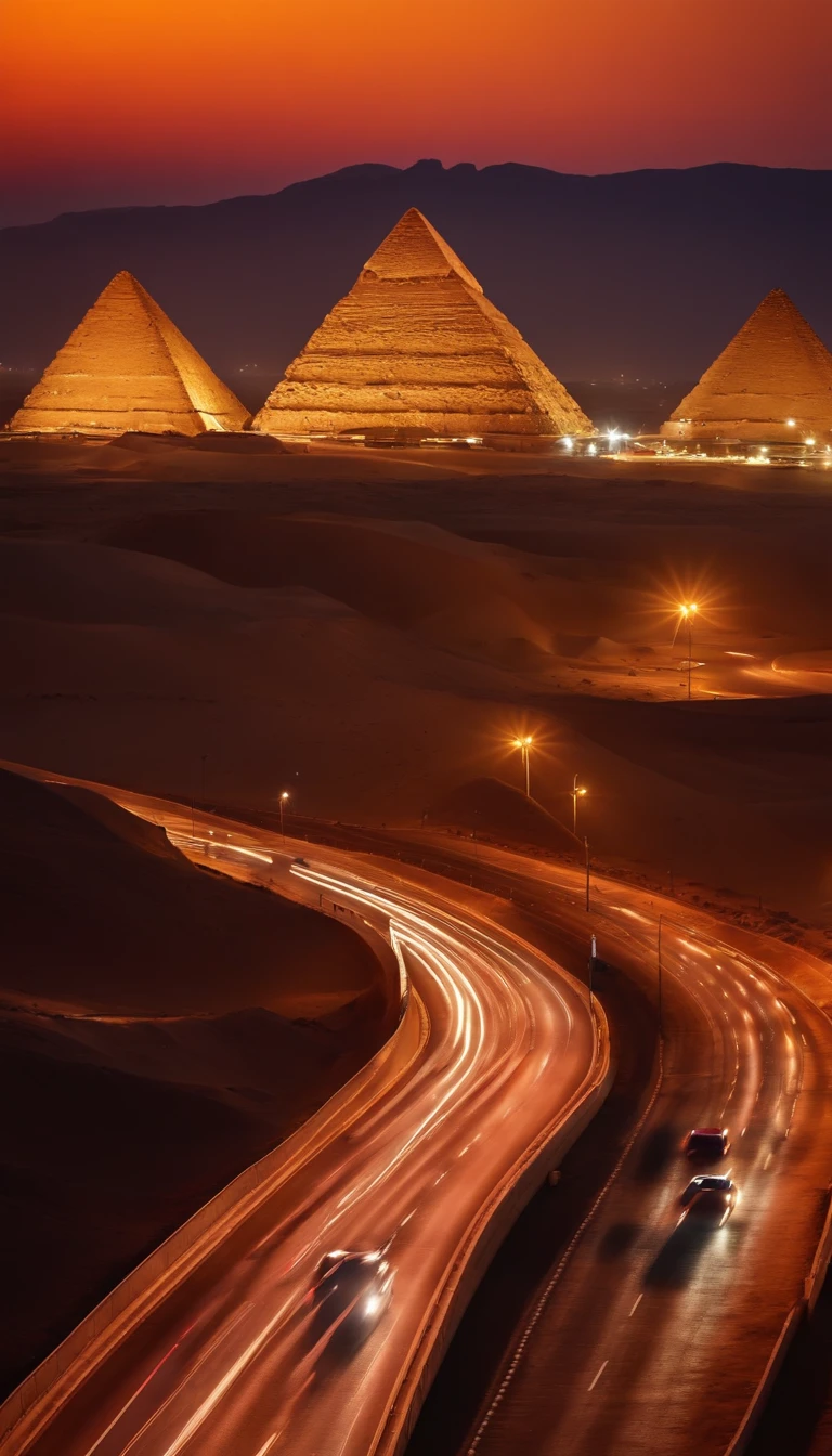 Asphalted highway passing near the pyramids of Egypt with cars
