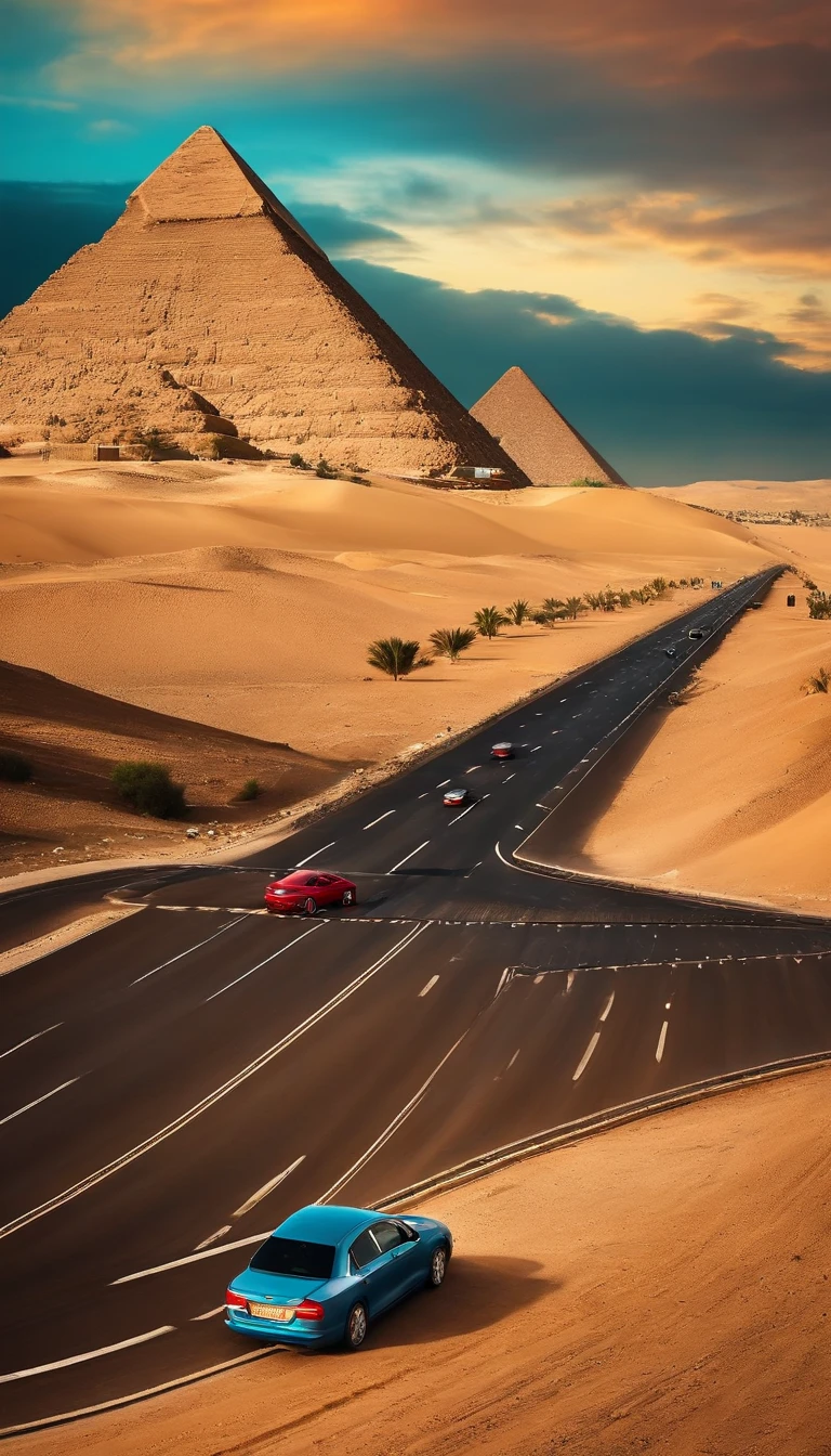 Asphalted highway passing near the pyramids of Egypt with cars