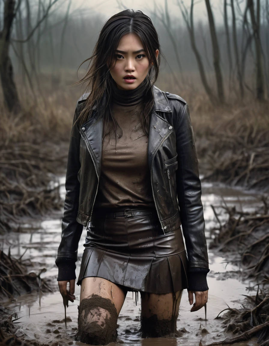 a girl struggling in a muddy swamp, depraved expression, long messy brunette hair, asian, stockings, muddy pencil skirt, muddy leather jacket, muddy turtleneck sweater, (best quality,4k,8k,highres,masterpiece:1.2),ultra-detailed,(realistic,photorealistic,photo-realistic:1.37),dark moody lighting,dramatic shadows,gritty horror style