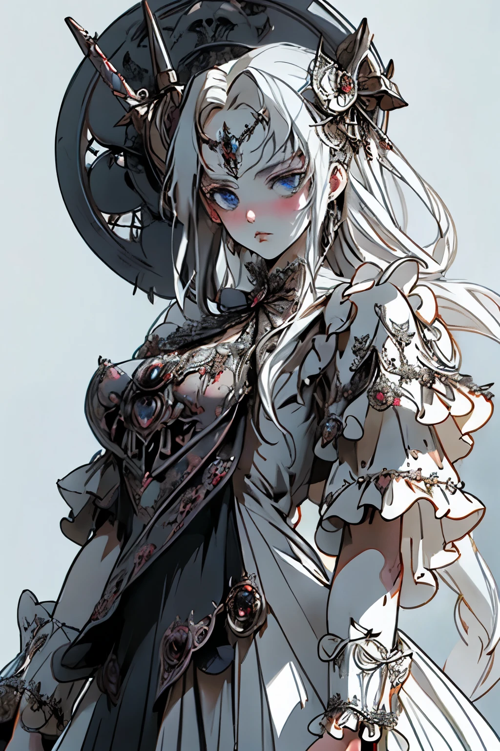 ((best quality)), ((masterpiece)), (detailed), perfect face ((best quality)), ((masterpiece)), (detailed), blank white background, plain background, white background, Bloodborne inspired, occult aesthetic, occult, detailed and intricate steampunk and detailed gothic, (zentangle, mandala, tangle, entangle), NSFW, torn clothing, Very dramatic and cinematic lighting, cosmic horror, grim-dark, side-lighting, perfect face, a beautiful goddess adorned and enshrined in armour, Bloodborne inspired , occult aesthetic , occult , detailed and intricate steampunk and detailed gothic , wielding a sword and holding a shield, NSFW, Fluttering lace flared short dress with frilly petticoats, knee length dress, pleated petticoats, ta dress, petticoats gothic loliside-lighting, gothic lolita aetic, beautiful small breasts, small breasts, full body, whole body, body, plain background, white background, blank background, no background, white background NSFW, full body, whole body, head-to-toe
