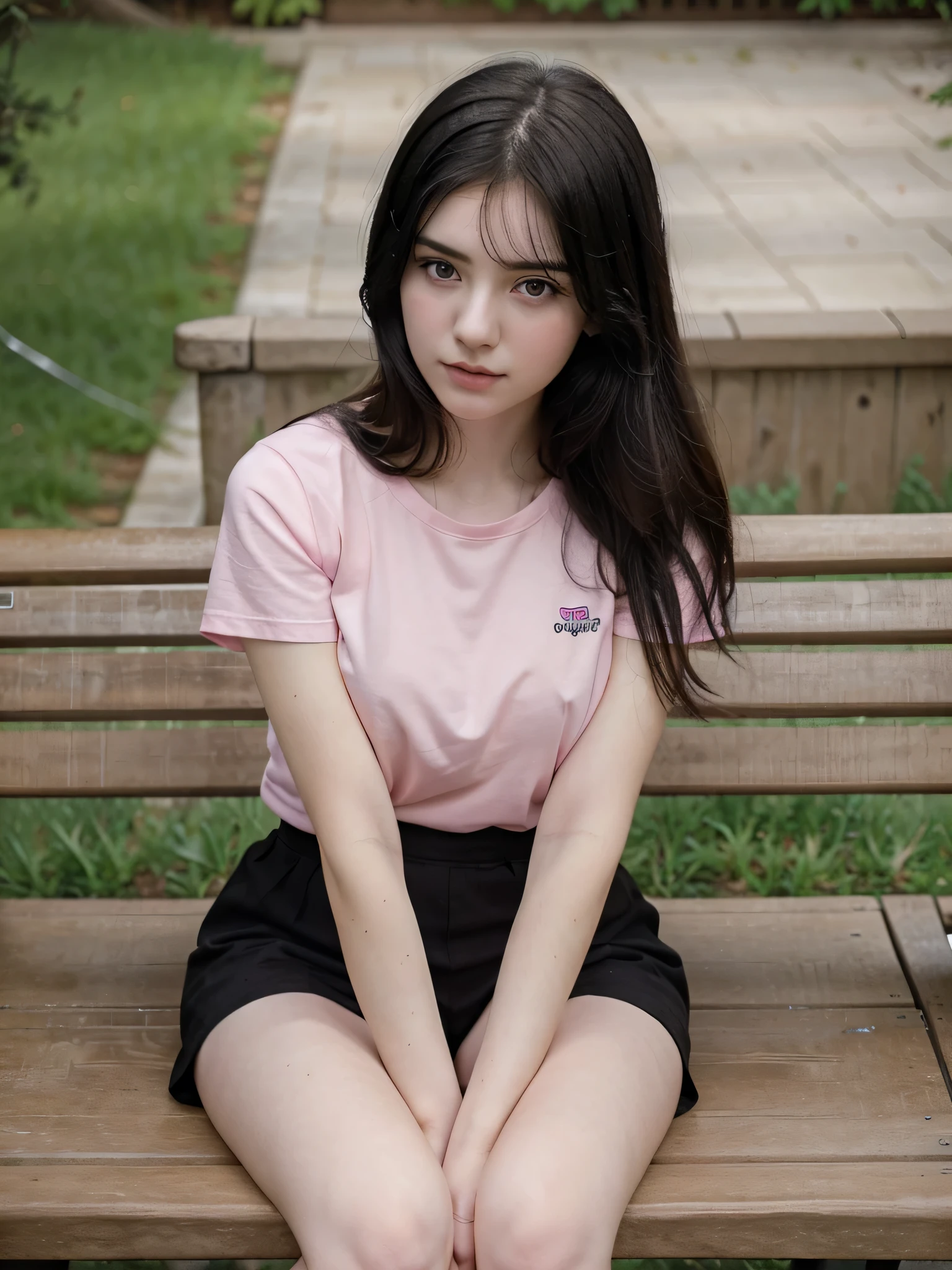Beautiful girl, black hair, pale skin, wearing pink t-shirt, sitting in the bench