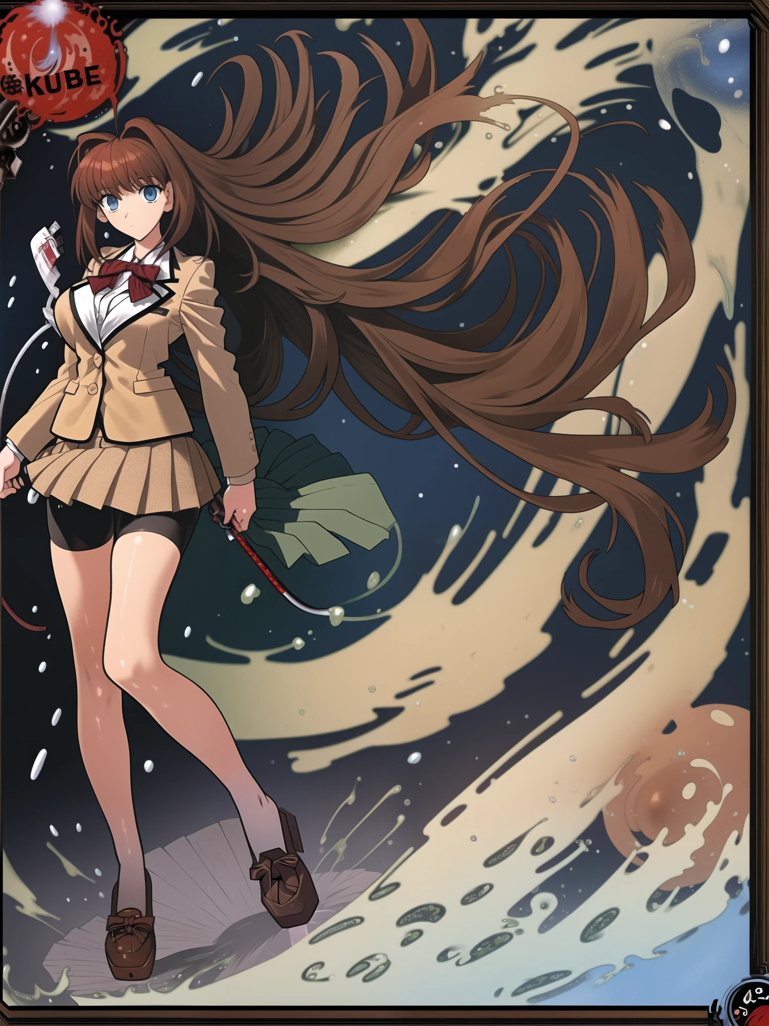 BREAK, (EMPTY BACKGROUND), BREAK (masterpiece:1.2), best quality, high resolution, 8k, illustration, (beautiful detailed eyes:1.6), extremely detailed face, extremely detailed body, CG, perfect hands, perfect anatomy, (((1girl))), ((solo)), ((((bbaoko))), (((2 legs max))), (((2 feet max:1.6))), ((swirling vortex shaped longest brown hair:1.5)), (brown longest hair with slightly reddish undertone:1.6), (lush luscious longest brown hair:1.6), (very long voluminous longest brown hair:1.5), serious, blue eyes, red bowtie, (Form-fitting beige blazer:1.5), brown jacket, (highly detailed beautiful face:1.2), (white shirt:1), (well shaped large breasts:1.6), (nice hips:1), (((Umber pleated thigh-high skirt:1.6))), (((black bike shorts:1.4))), (2 nice thighs:1.6), (high black socks:1.6), (strap shoes brown color), (facing front:1.5), ((standing straight:1.5)), ((Fullbody in frame:1.6)), ((Full body:1.5)), (takeuchi takashi:1.5)