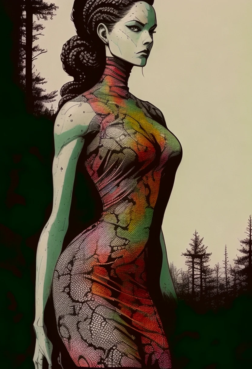 watercolor, charcoal, surreal, animated hand drawn cartoon rotoscope, (full roygbiv color) ink expressive illustration, no light source, darkness, light mask uv rays across face, absurd, with rich color grading, cel shading, warm and unified colors, animated, VHS, glitch, distorted, nostalgia, 90's retro vibe, hyper maximal, strange, hyperrealistic, rotoscope expressive ink bold line hand drawn, in a cinematic style, analog tape, vcr aesthetics, tv, television, hand drawn, minimal, precise, Medusa, splash page decompressed comic cover art, ink style figure, ((expressive Joelle Jones and "Sean Gordon Murphy" comic drawing)), wordless, cinematic poster, , forest green, earth brown), morphology anatomy drawn Frederic Delavier musculature anatomical illustration, (face, ornate black metal corpse paint, resembles Grace Jones), abyss void black no visibility darkness, full length portrait, colors, bleak muted deep fiery radiant glowing ROYGBIV, (background, pine barrens, entropy, rewilding, magic hour sunset, galaxy stars, cosmos), candid, snake skin dress, (body, Naga, snakefolk, lower body snake tail, snake woman hybrid, bald, hairless, skeleton, snake skin tattoos, piercing eyes, snake pupils, over the shoulder), craftsmanship nuance, (Gerardo Zaffino charcoal), (horror, abstract, surreal, body, cosmic), subliminal orchids, nyctophobia, silhouette, double exposure, image within image,