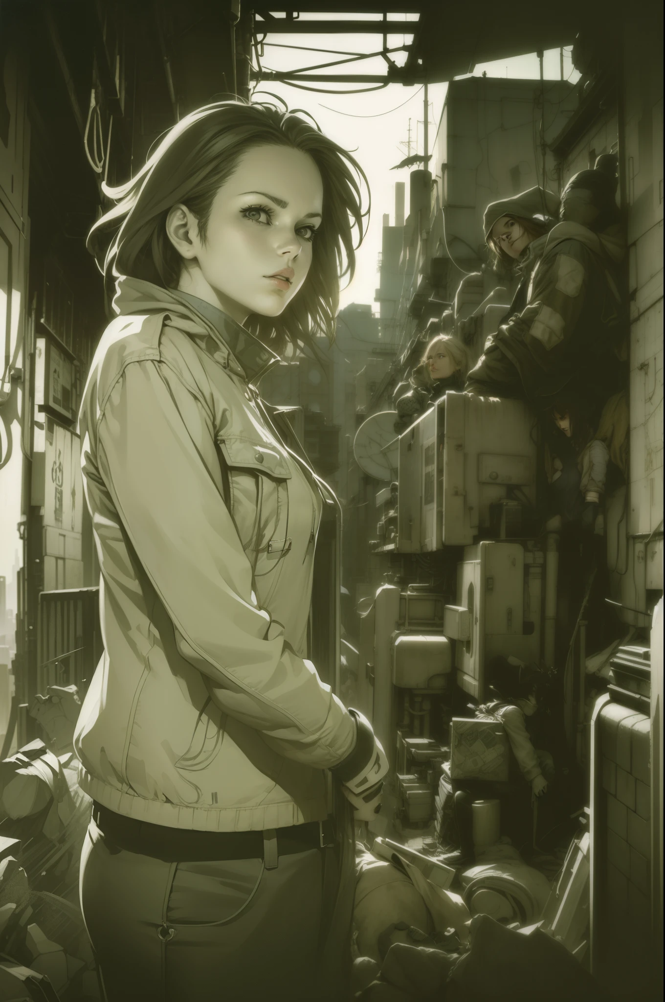 dynamicposes、(comic book style),(linear art_Anime),(masutepiece_Best Quality),(Cowboy Shot),Beautiful fece, (​masterpiece:1.2), (top-quality:1.2), perfect  eyes, face perfect, Perfect litthing, girl with、(jaket_Cargo pants),Background of Cyberpunk City、the complex background、