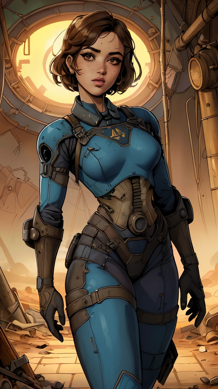 (La mejor calidad,A high resolution,Ultra - detallado,actual),(Ella Purnell linda y nerd) , (pelo negro ondulado atado en una cola de caballo) , (wearing a blue vault suit from Fallout 4 with lots of details and slits:1.4 ), (background inside an atomic bomb vault shelter:1.4), Cara de alto detalle, Piel de alto detalle, seductive expression, cuerpo perfecto, proporciones perfectas, a nuclear wasteland background with scattered ruins, alta calidad, Obra maestra, foto realista, intrincadamente detallado, 8k, hdr, poca profundidad de campo, Luz amplia, alto contraste, Iluminar desde el fondo, Sharp focus, Foto en color crudo, mirando a la camara, colores frios, dynamic poses, (al estilo de Fallout 4:1.4) , (Detalles de la cara: 1.5, beautiful brown eyes , hermoso rostro, ojos bonitos, Iris lining, labios delgados: 1.5, delgado, pale and sharp eyebrows, Largo, dark eyelashes, double eyelashes),(Ella Purnell:1.4), (Ella Purnell V2.1), (Fallout V2.1),( perfect anatomy)