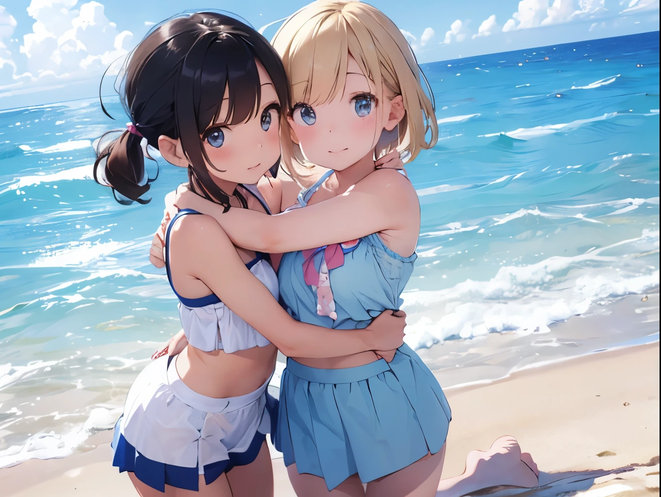 Short bob girl、A light blue bra clinging to a pure white dress shirt、Light blue miniskirt、Cute white shorts that can be seen by lifting up the skirt、barefoot、Sandy beach, cumulonimbus clouds and blue sky、up、Sisters Hug