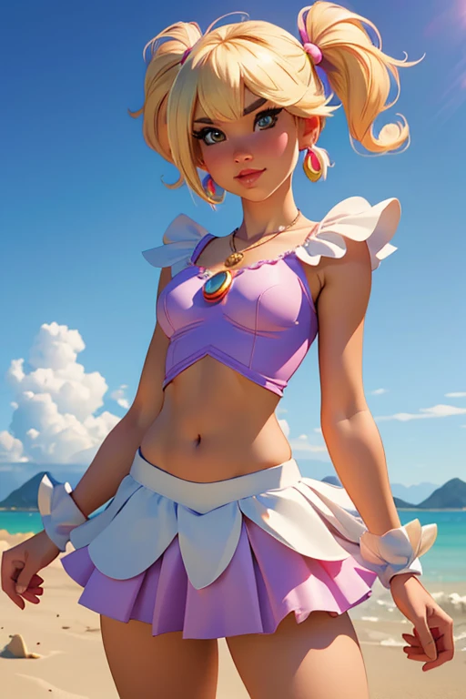(best quality,4k,highres,ultra-detailed,realistic:1.2), woman, small breasts,short blond  hair with a pigtail and bangs,  flat abs, raimbow magical girl outfit, magical girl cosplay, manga cosplay, magical sceptre, super mario world, fantasy world, earrings , necklace out, fantasy manga
