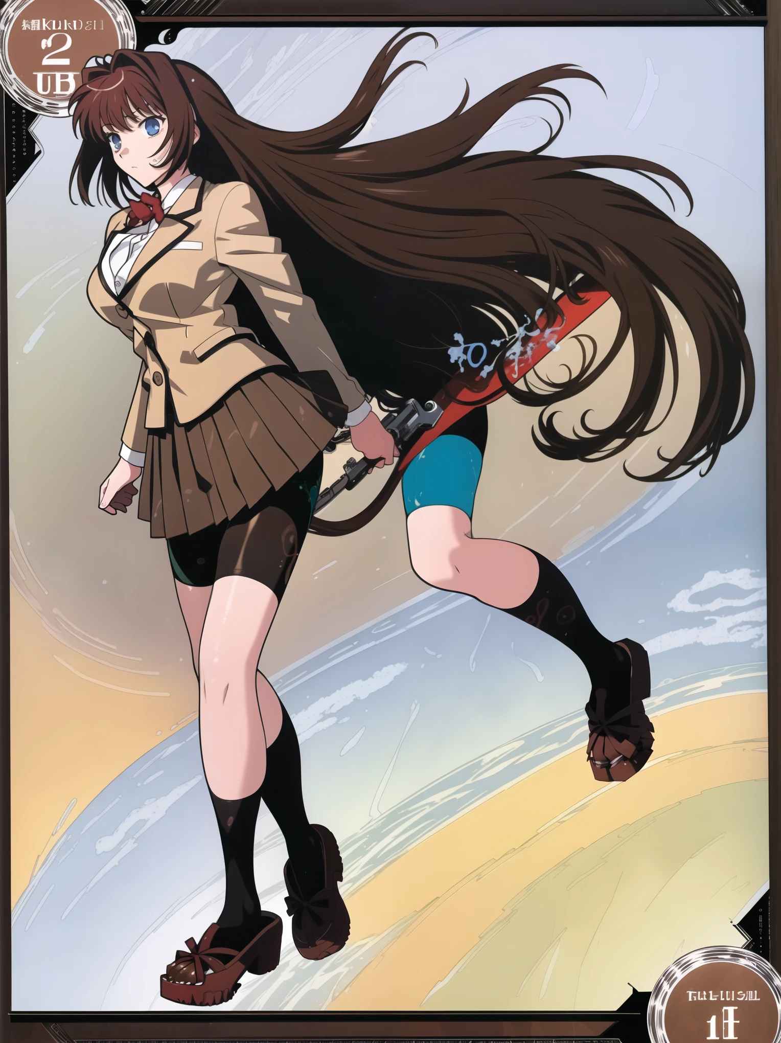 BREAK, (EMPTY BACKGROUND), BREAK (masterpiece:1.2), best quality, high resolution, 8k, illustration, (beautiful detailed eyes:1.6), extremely detailed face, extremely detailed body, CG, perfect hands, perfect anatomy, (((1girl))), ((solo)), ((((bbaoko))), (((2 legs max))), (((2 feet max:1.6))), ((swirling vortex shaped longest brown hair:1.5)), (brown longest hair with slightly reddish undertone:1.6), (lush luscious longest brown hair:1.6), (very long voluminous longest brown hair:1.5), serious, blue eyes, red bowtie, (Form-fitting beige blazer:1.5), brown jacket, (highly detailed beautiful face:1.2), (white shirt:1), (well shaped large breasts:1.6), (nice hips:1), (((Umber pleated thigh-high skirt:1.6))), (((black bike shorts:1.4))), (2 nice thighs:1.6), (high black socks:1.6), (strap shoes brown color), (facing front:1.5), ((standing straight:1.5)), ((Fullbody in frame:1.6)), ((Full body:1.5)), (takeuchi takashi:1.5)
