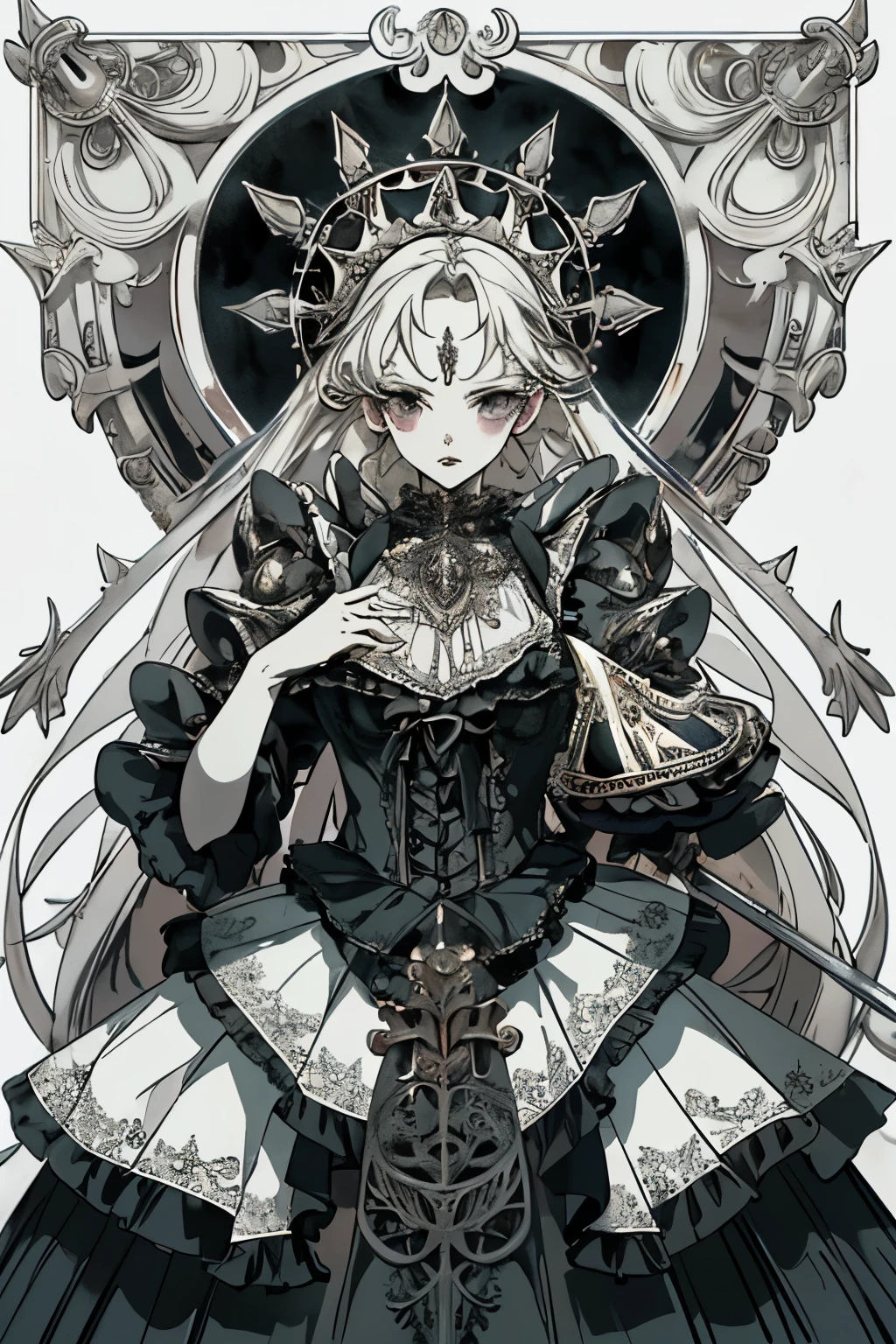 ((best quality)), ((masterpiece)), (detailed), perfect face ((best quality)), ((masterpiece)), (detailed), blank white background, plain background, white background, Bloodborne inspired,  occult aesthetic, occult, detailed and intricate steampunk and detailed gothic, (zentangle, mandala, tangle, entangle),  NSFW, torn clothing, Very dramatic and cinematic lighting, cosmic horror, grim-dark, side-lighting, perfect face, a beautiful goddess adorned and enshrined in armour, Bloodborne inspired , occult aesthetic , occult , detailed and intricate steampunk and detailed gothic , wielding a sword and holding a shield, NSFW, Fluttering lace flared short dress with frilly petticoats, knee length dress, pleated petticoats, lolita dress, petticoats gothic lolita, side-lighting, gothic lolita aesthetic, beautiful small breasts, small breasts, full body, whole body, body, plain background, white background, blank background, no background, white background NSFW, full body, whole body, head-to-toe