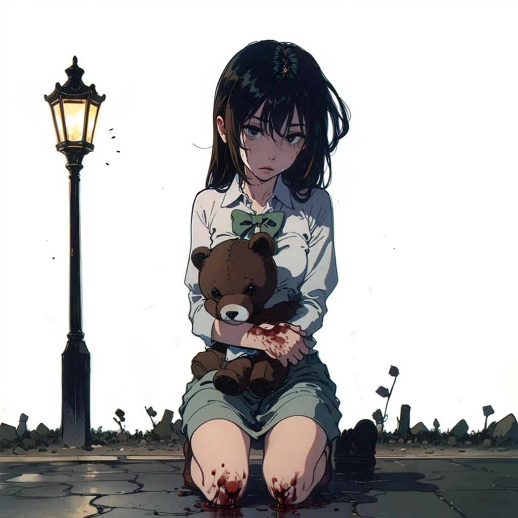 Holding a teddy bear , kneeling on a blood wet cobblestone sidewalk