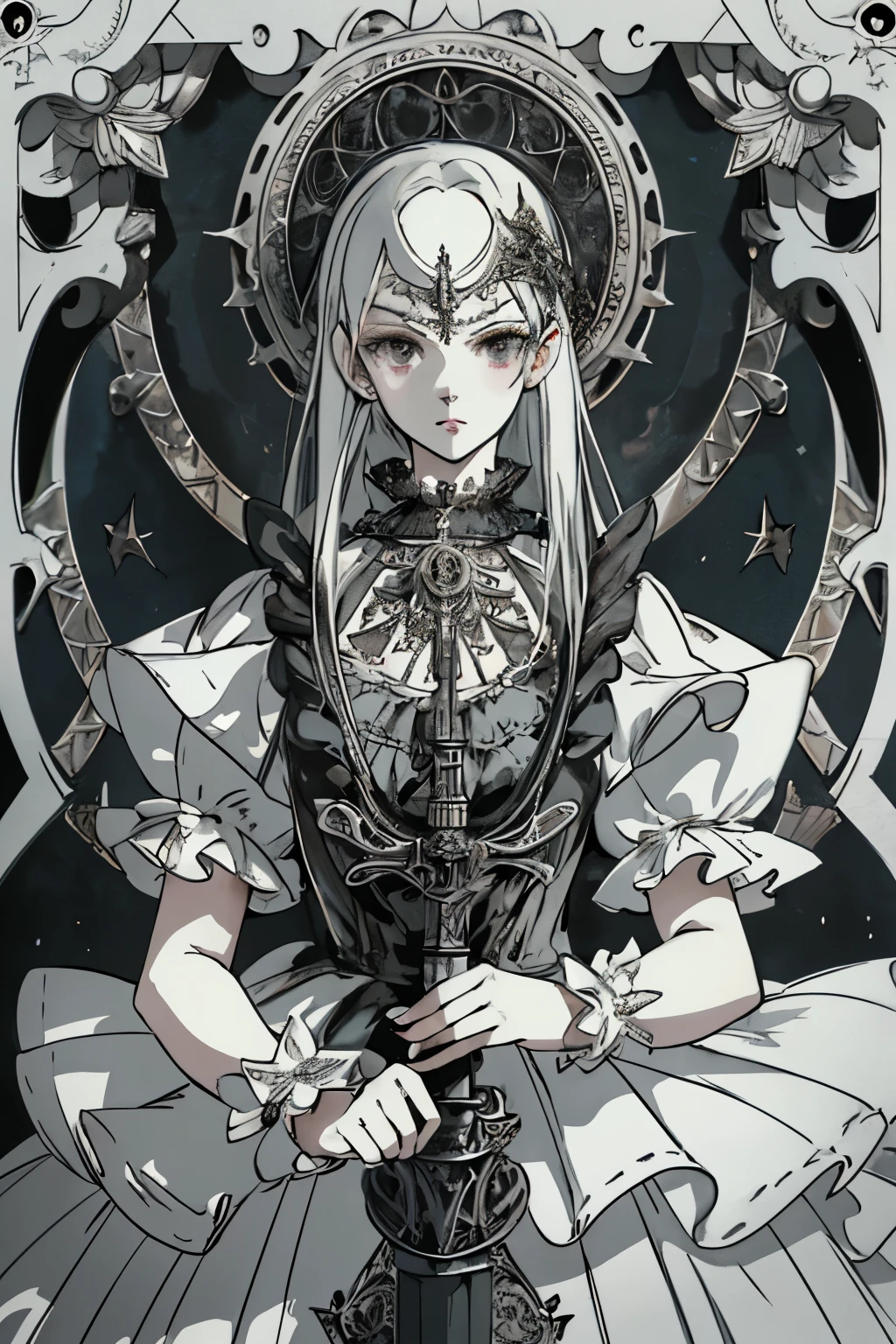 ((best quality)), ((masterpiece)), (detailed), perfect face ((best quality)), ((masterpiece)), (detailed), blank white background, plain background, white background, Bloodborne inspired,  occult aesthetic, occult, detailed and intricate steampunk and detailed gothic, (zentangle, mandala, tangle, entangle),  NSFW, torn clothing, Very dramatic and cinematic lighting, cosmic horror, grim-dark, side-lighting, perfect face, a beautiful goddess adorned and enshrined in armour, Bloodborne inspired , occult aesthetic , occult , detailed and intricate steampunk and detailed gothic , wielding a sword and holding a shield, NSFW, Fluttering lace flared short dress with frilly petticoats, knee length dress, pleated petticoats, lolita dress, petticoats gothic lolita, side-lighting, gothic lolita aesthetic, beautiful small breasts, small breasts, full body, whole body, body, plain background, white background, blank background, no background, white background NSFW, full body, whole body, head-to-toe