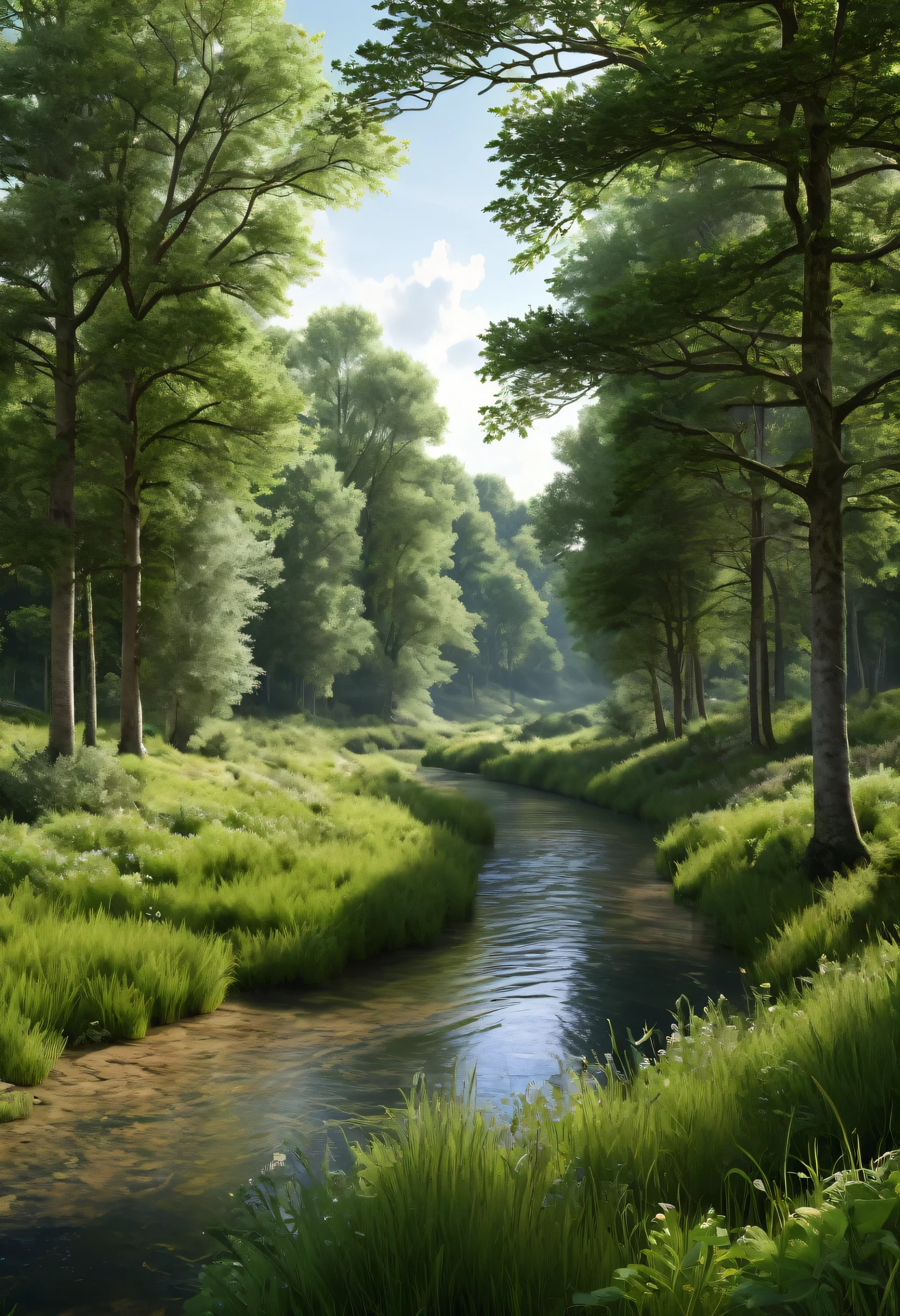 photorealistic of a forest and a meadow , with a river , beaucoup de détails au niveau des arbres
