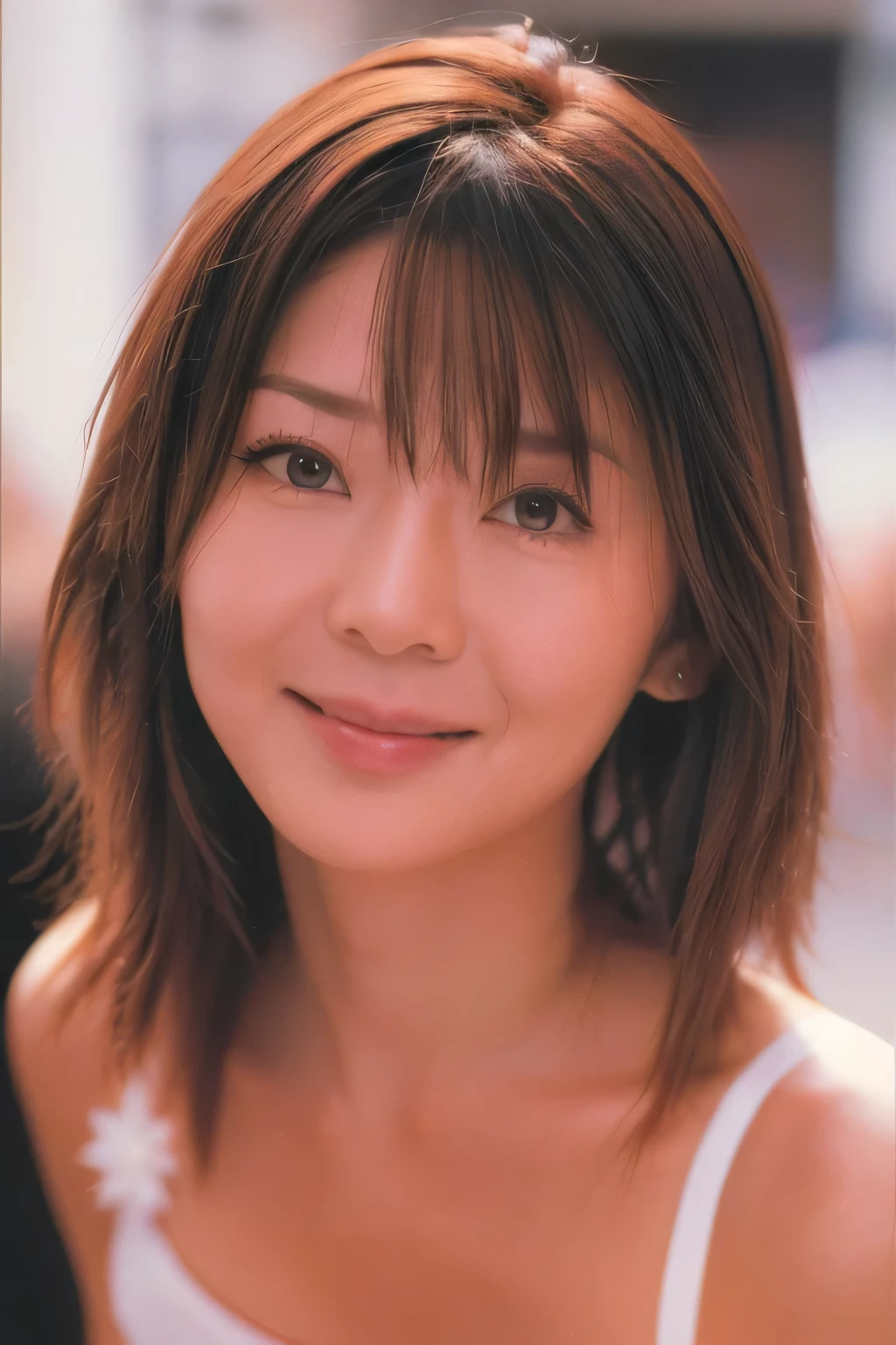 NSFW:1.5,((highest quality、8K resolution、master masterpiece、portrait:1.3)), Photoreal, 35mm film, 1 Japanese female, Upper body、on the street during the day, wrinkles around the eyes、plump body、cleavage、short_cut、smile,((white bra_panties:1.3)) , (outdoor:city street 1.3), jumbled background,look at the audience,Tokyo cityscape:1.3