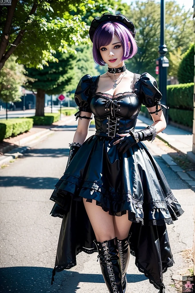 sexy stylish female model, only 1 female, ((doll-like appearance)), short purple stylish hair, ((shiny Punk-Style boots)), (big smile), ultra detailed eyes, Punk makeup, lipgloss, ((sexy Punk ta cosplay)), unconventional skirt, petticoats, high neckline, ((ultra detailed lace)), ((ultra detailed embroidery)), intricate details, tartan patterns, safety pins, Punk Loliccessoires, short black gloves, Punk Lolita cr, ((large sparkling Punk Lolita jewel, cinematic light, detailed large park background with trees