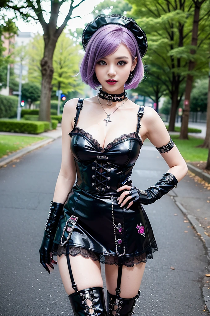 sexy stylish female model, only 1 female, ((doll-like appearance)), short purple stylish hair, ((shiny Punk-Style boots)), (big smile), ultra detailed eyes, Punk makeup, lipgloss, ((sexy Punk ta cosplay)), unconventional skirt, petticoats, high neckline, ((ultra detailed lace)), ((ultra detailed embroidery)), intricate details, tartan patterns, safety pins, Punk Loliccessoires, short black gloves, Punk Lolita cr, ((large sparkling Punk Lolita jewel, cinematic light, detailed large park background with trees