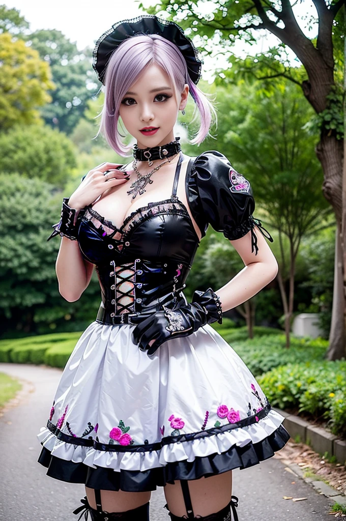 sexy stylish female model, only 1 female, ((doll-like appearance)), short purple stylish hair, ((shiny Punk-Style boots)), (big smile), ultra detailed eyes, Punk makeup, lipgloss, ((sexy Punk ta cosplay)), unconventional skirt, petticoats, high neckline, ((ultra detailed lace)), ((ultra detailed embroidery)), intricate details, tartan patterns, safety pins, Punk Loliccessoires, short black gloves, Punk Lolita cr, ((large sparkling Punk Lolita jewel, cinematic light, detailed large park background with trees