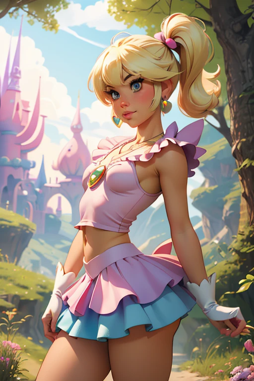 (best quality,4k,highres,ultra-detailed,realistic:1.2), woman, small breasts,short blond hair with a pigtail and bangs, flat abs, raimbow magical girl outfit, magical girl cosplay, manga cosplay, magical sceptre, super mario world, fantasy world, prairie, foret, , earrings , necklace out, fantasy manga