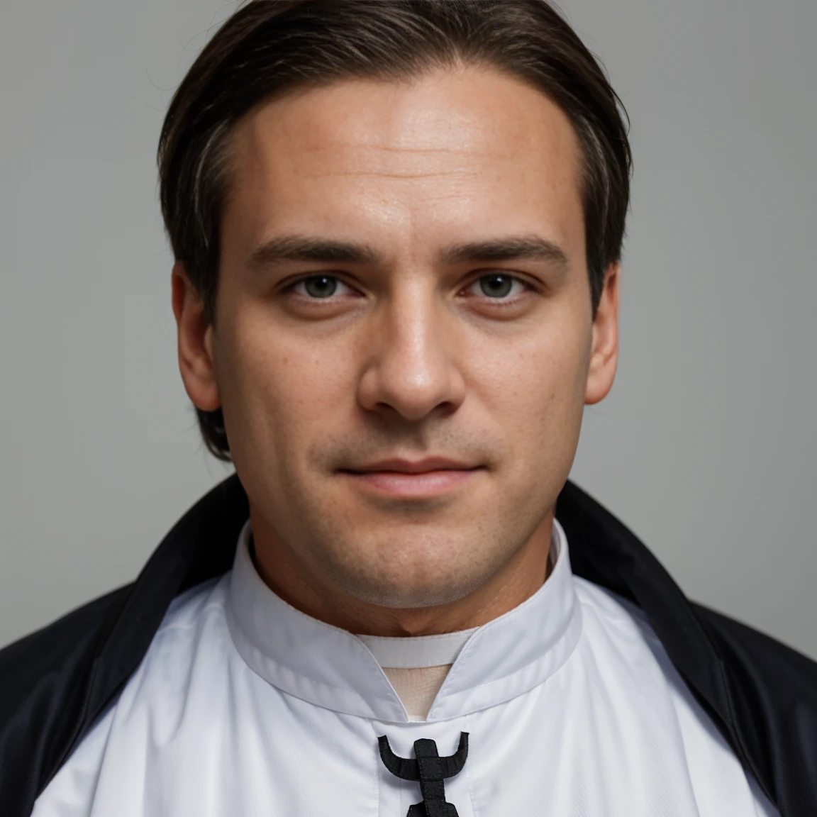 Create a white background photo portrait of a very religious, handsome and friendly middle-aged priest.