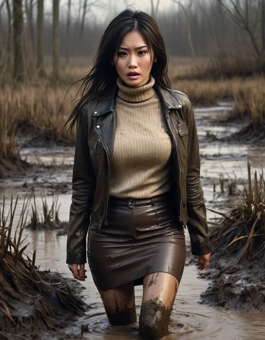 a woman struggling in a muddy swamp, depraved expression, long messy brunette hair, asian, stockings, muddy pencil skirt, muddy leather jacket, muddy beige turtleneck sweater, mature, (best quality,4k,8k,highres,masterpiece:1.2),ultra-detailed,(realistic,photorealistic,photo-realistic:1.37),dark moody lighting,dramatic shadows,gritty horror style, vegetation