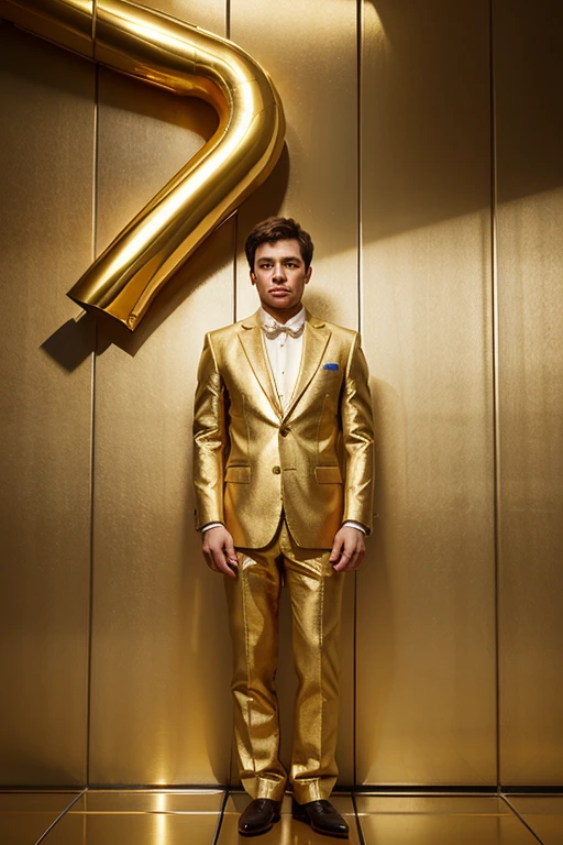 Create an image of a short man standing wearing a gold suit