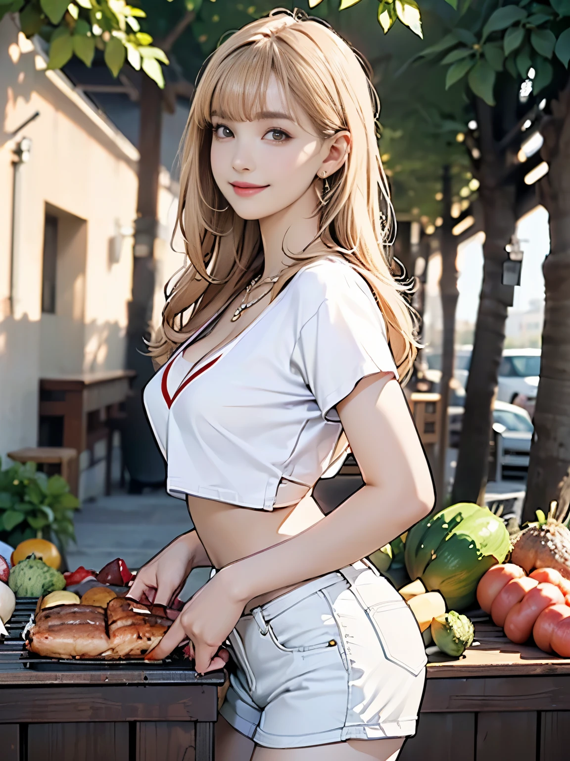 ((((highest quality))))、(((Ultra-precision CG16K wallpaper)))、(((masterpiece)))、(((Super detailed)))、(((Extreme detail)))、((1Mature 29 year old woman:1.6))、((Very beautiful Japanese faces))、((vegetable々Introduction:1.5))、((Straight one-length semi-long hair、blunt bangs:1.5))、((Shiny Blonde:1.5))、Beautiful delicate eyes、Brown Eyes、eyeliner、Eyeshadow、High nose、Small nostrils、Small Mouth、Seductive lips、Beautiful breasts、((C cup size breasts))、Cleavage、Beautiful feet、eight-headed body、Perfect proportions、Perfect Anatomy、Perfect composition、Beautiful detailed shading、Beautiful, natural lighting、Beautiful detail glow、Depth of written boundary、(((High chroma)))、(((Real:1.9)))、((vivid:1.5))、((Beautiful Skin))、((Skin Texture))、((Realな皮膚感))、(((Cowboy Shot:1.6)))、((front view、shoot from front、Front low angle:1.6))、(((smile:1.6)))、((The woman is looking at this、looking at viewer、Facing forward:1.6))、Bright daylight、Natural light、(((Barbecue venue、Trees:1.5)))、(Walking Pose:1.6)、(((White cropped T-shirt、White low-rise short pants:1.6)))、((Earrings、Wearing a necklace:1.5))、
