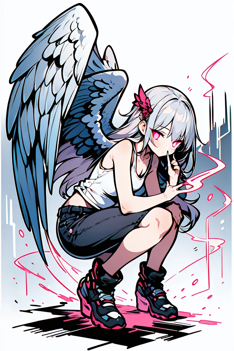 ((1 girl)), ((Angel)), smoking, bad, Rough poses, squat, Tank top, Shorts, fluffy, good, Large clothes, Shooting from a low angle,(Very detailed,highest quality, High resolution, Apathy, 8k wallpaper, Beautiful clothes,)),((Gray Hair, Long Hair,Straight hair)), eye shadow, eyeliner,Glow Eye, Very detailedな目, Beautiful Eyes, ((Glowing pink eyes)), 18-year-old girl,Five Fingers