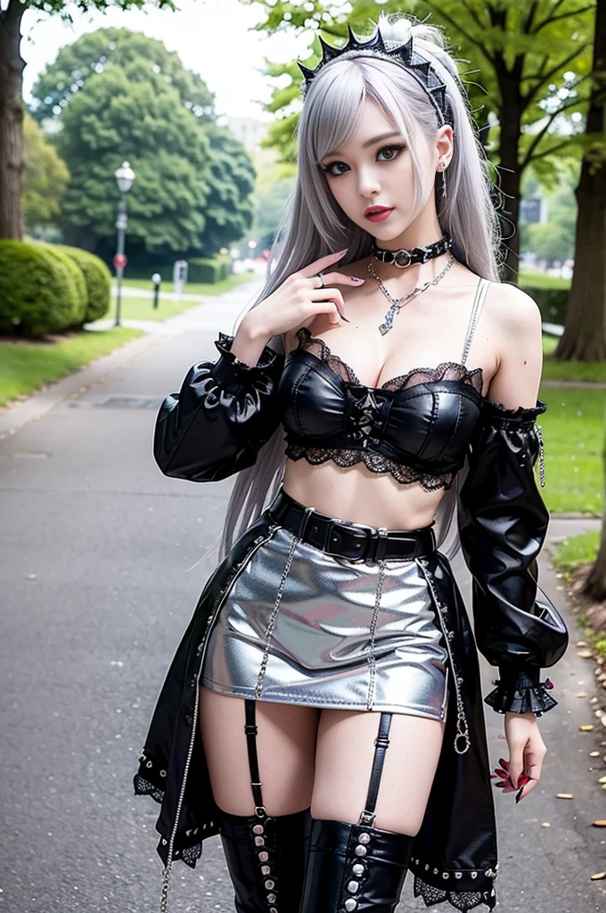 (nsfw), sexy stylish female model, only 1 female, ((doll-like appearance)), long colorful stylish hair, ((shiny Punk-Style boots)), (big smile), ultra detailed eyes, Punk makeup, lipgloss, ((sexy Punk ta cosplay)), unconventional skirt, petticoats, high neckline, ((ultra detailed lace)), ((ultra detailed embroidery)), intricate details, tartan patterns, (silver chains), (silver spikes), (safety pins), Punk Loliccessoires, Punk Lolita cr, ((large sparkling Punk Lolita jewel, cinematic light, detailed large park background with trees