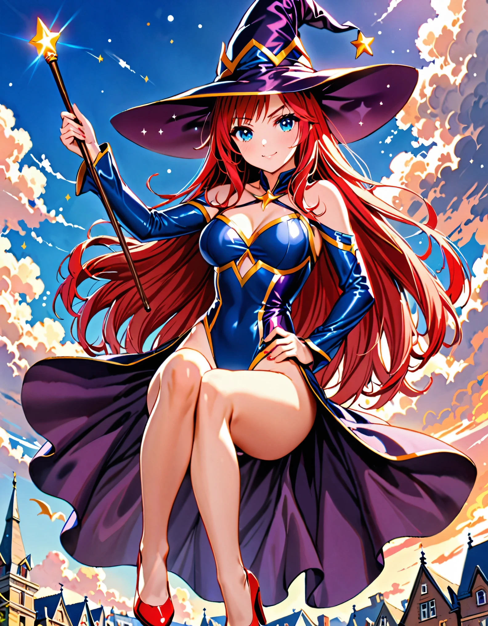 1girl, high school student, superhero, holding wand, superhero sorceress witch, sky witch, leotard, blue leotard with white accents, bare legs, (blue thigh-high leggings, red high heels), witch hat, red hair, long hair, blue eyes, beautiful detailed eyes, beautiful detailed face, cute face, medium breasts, age 16-18, solo, solo focus, wonder